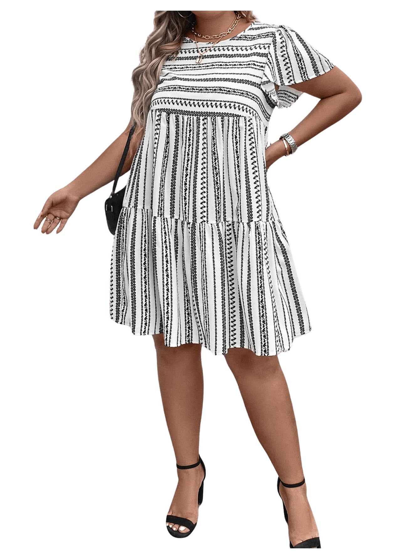 **Plus Size Striped Midi Dress for Women - Flounce Hem, High Waist, Round Neck & Short Sleeve - Perfect for Casual Outings, Office Wear & Summer Vacations**
