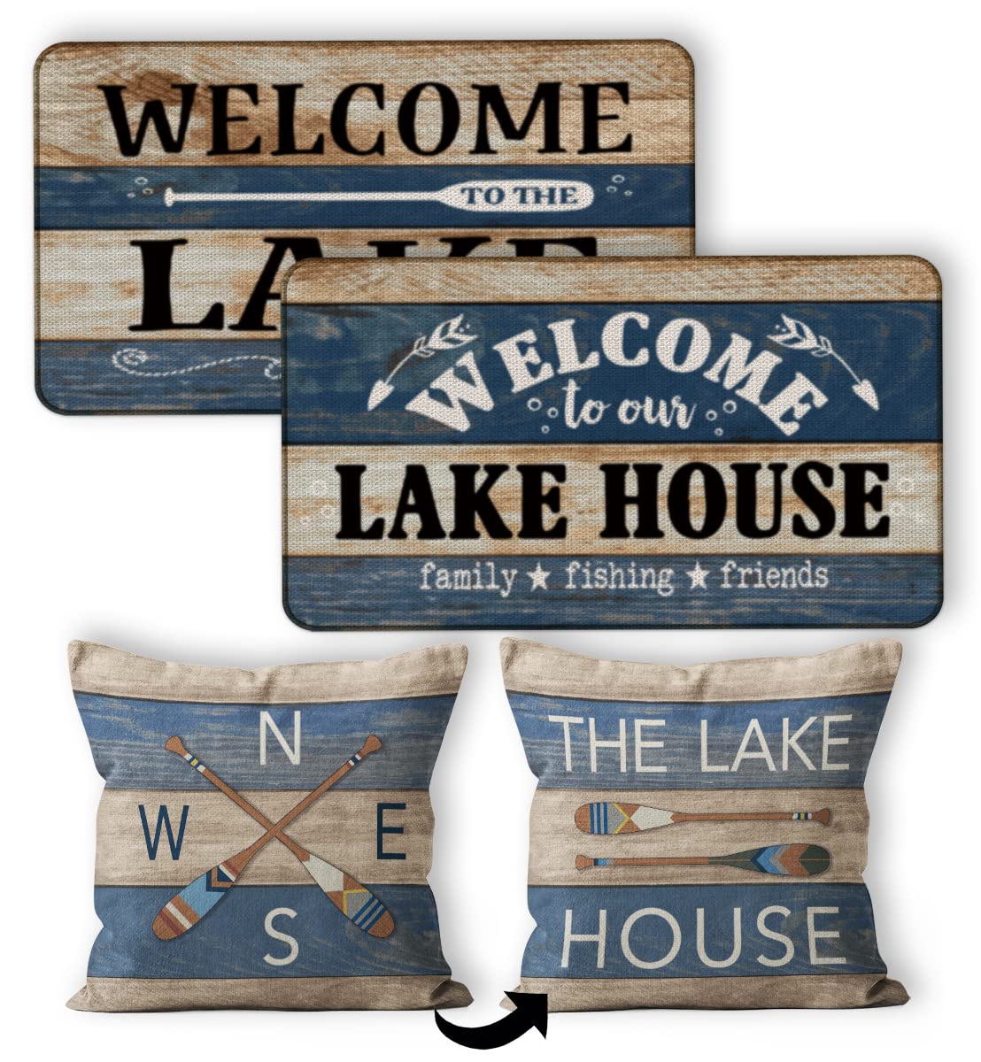 Lake House Decor Set - Reversible Paddle Pillow Cover 18x18 & 2 Doormats 17x30 - Rustic Cabin Home Accessories for Porch, Entryway - Perfect Lake Housewarming Gift for Cottage, Vacation Homes