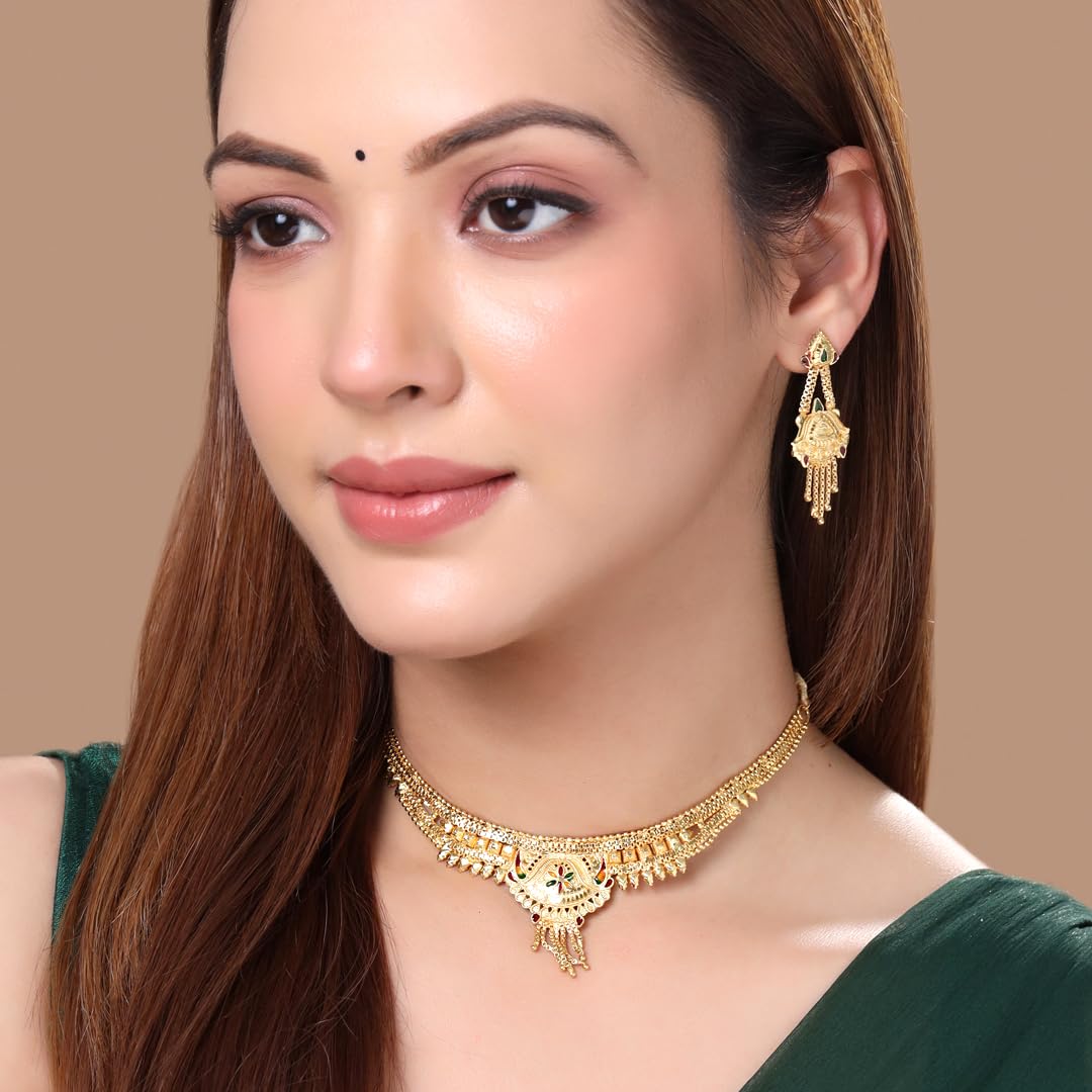 Yellow Gold-Toned Choker Necklace Set for Women & Girls – Elegant Bridal Jewelry Gift for Birthday, Anniversary & Wife | Perfect for Weddings, Parties & Special Occasions