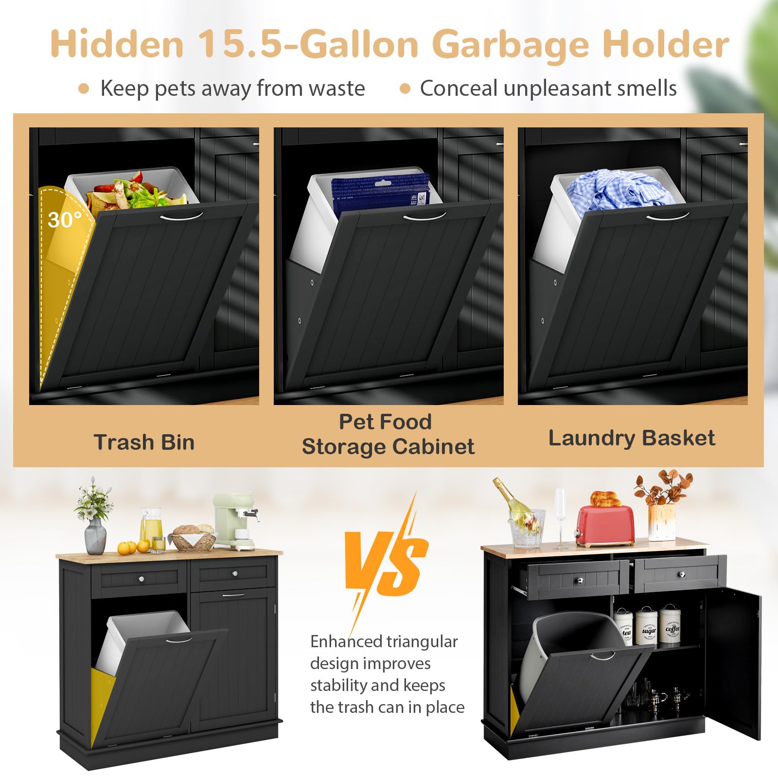 Giantex 15.5 Gallon Kitchen Trash Cabinet with Tilt-Out Bin | Rubber Wood Countertop Kitchen Island Organizer | 2 Drawers & Adjustable Shelf | Black Waste Recycling Storage for Small Spaces & Apartments | Perfect for Kitchen Organization & Garbage Disposal