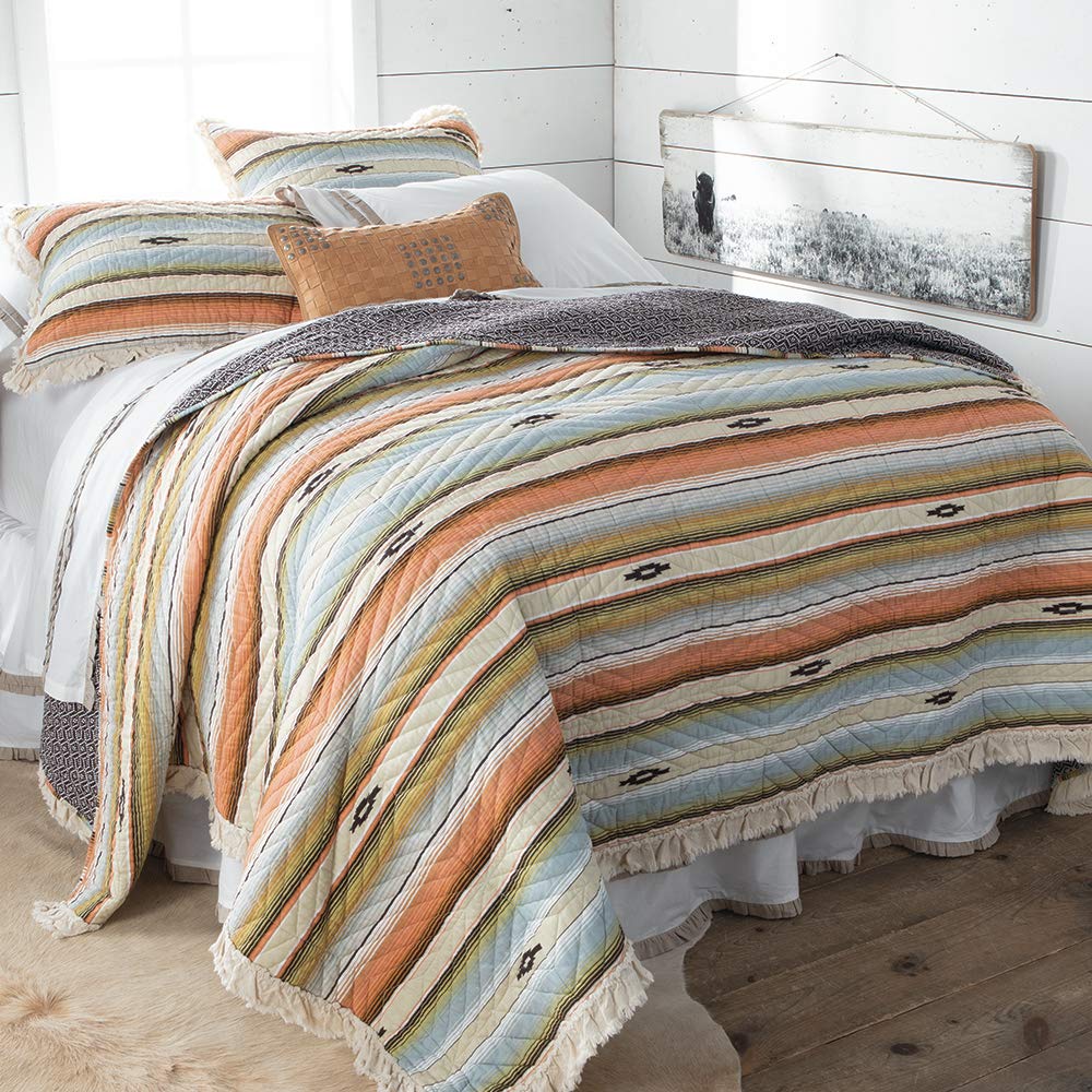 Southwest Aztec Ruffle 3-Piece Quilt Set - Blue, Orange, Green & Brown Striped Bedding - Full/Queen Quilt (90x90in) + 2 Standard Shams (20x26in) - Painted Desert Design for Boho & Southwestern Bedroom Decor