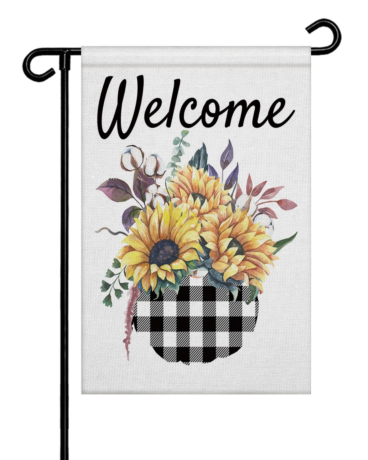 Seven Roses Thanksgiving Sunflower Double-Sided Burlap Garden Flag - Black White Plaid Basket Welcome Banner, 28x40 Inch Seasonal Vertical Yard Decoration for Patio, Lawn & Outdoor Decor | Perfect for Fall, Thanksgiving & Autumn Home Decor