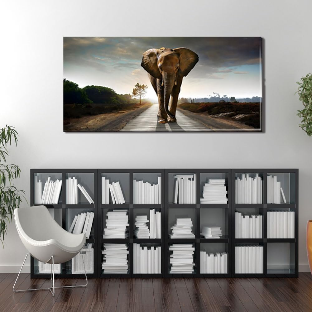 Black and White Elephant Canvas Wall Art - Large Modern Walking Animal Painting for Home & Bedroom Decor | Perfect for Living Room, Nursery & Office