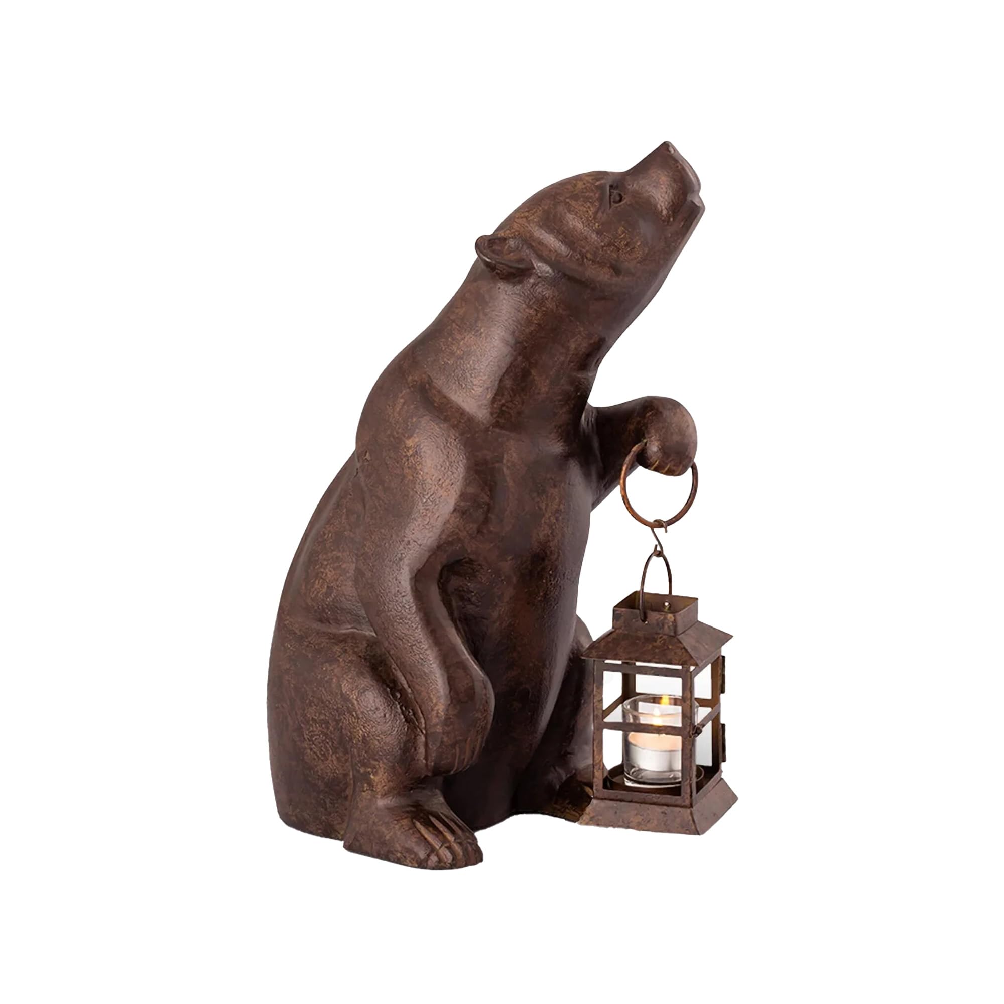 SPI Home Cast Aluminum Brown Bear Statue with Lantern Candle Holder - Rustic Home Decor for Cabin, Mantel, or Garden
