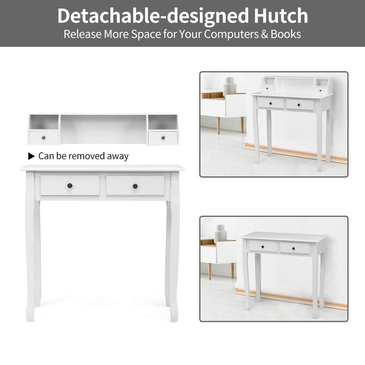 Giantex White Writing Desk with 4 Drawers & Removable Floating Organizer - 2-Tier Mission Style Computer Desk for Small Spaces - Perfect for Home Office, Apartment Study & Vanity Use