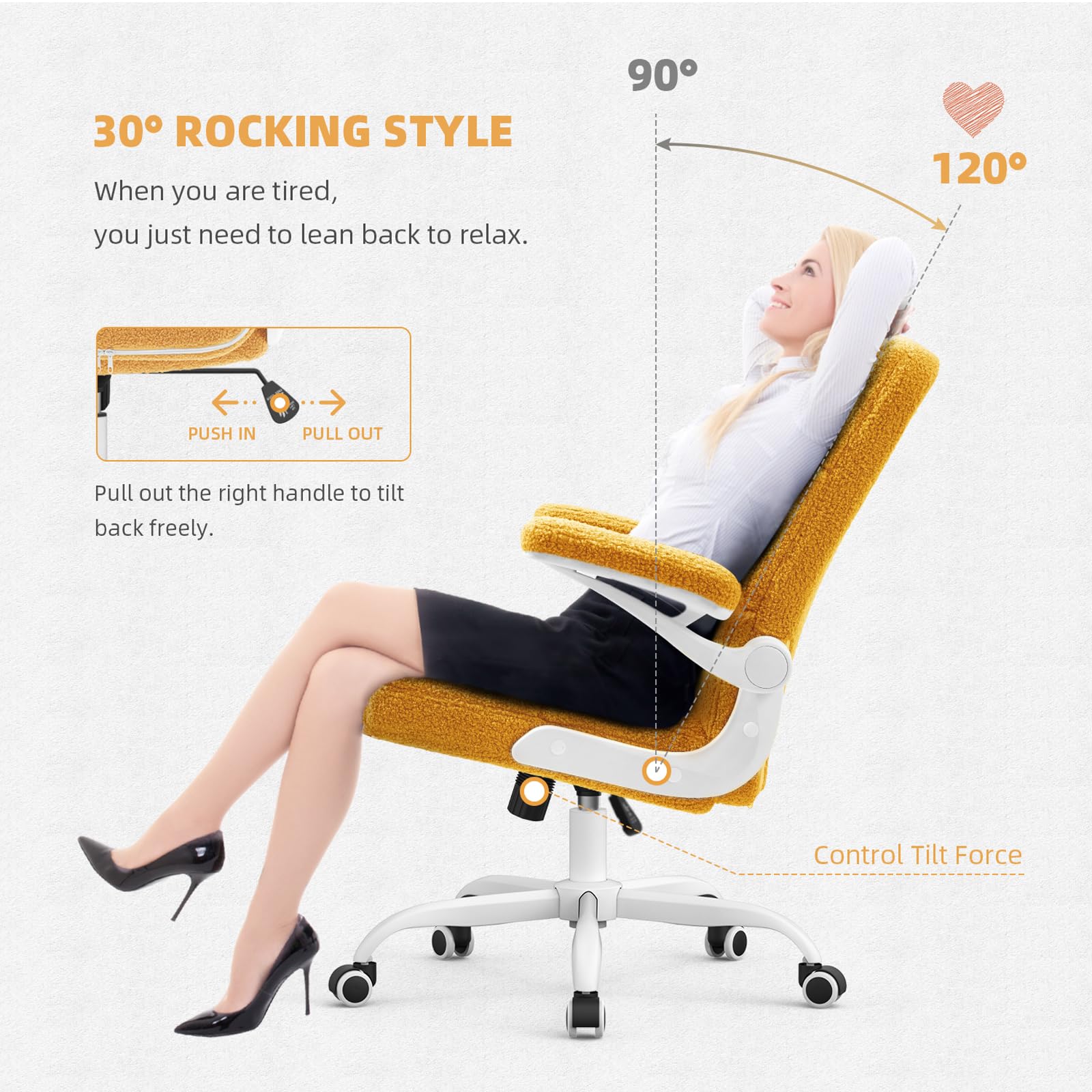 SEATZONE Yellow Office Chair with Flip-Up Armrests - Faux Fur Rolling Desk Chair with Wheels & Adjustable Back Tilt - Perfect for Home Office, Gaming, and Workspace Comfort