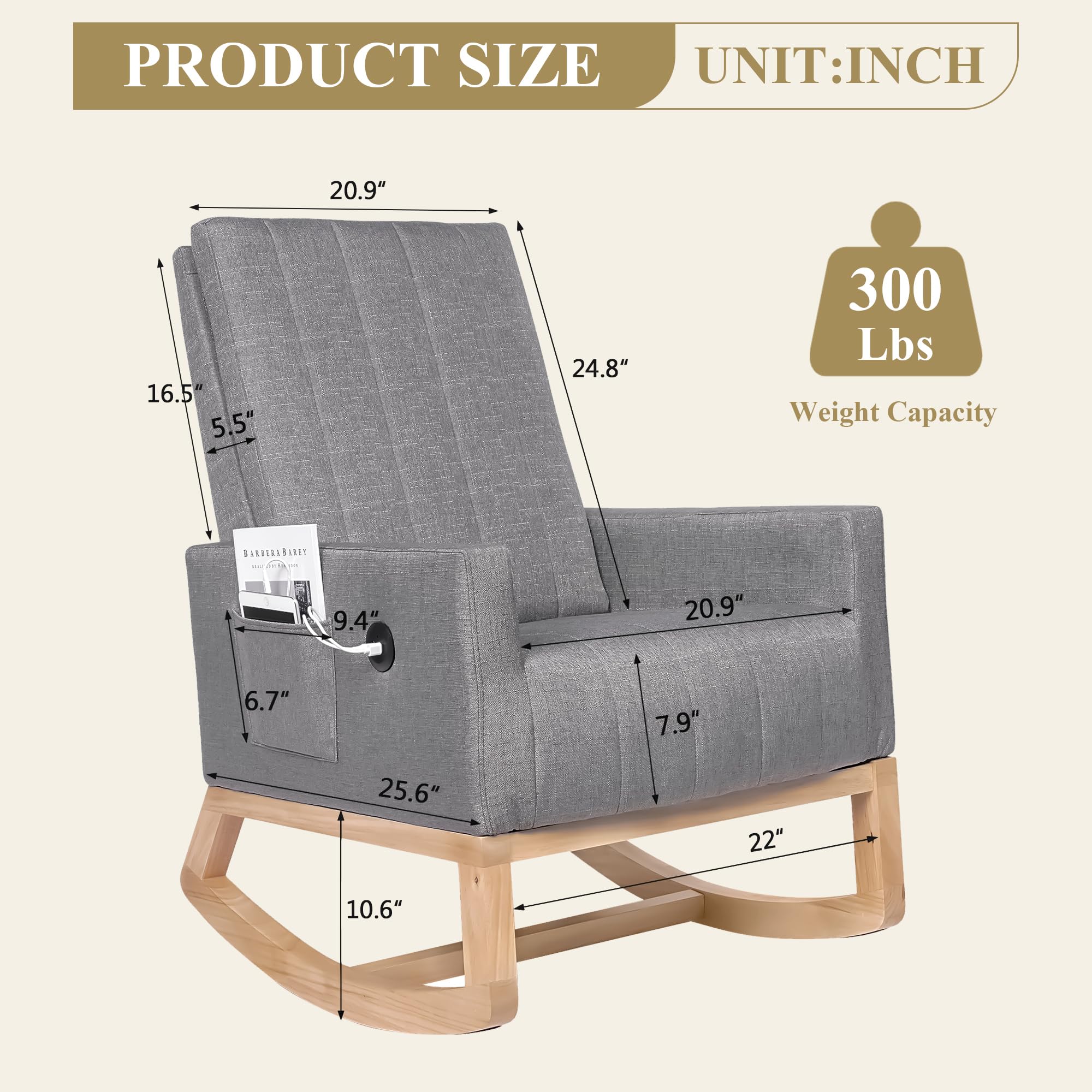 VECELO Modern Upholstered Nursery Rocking Chair with Padded Seat, High Backrest, USB Port & Side Pocket - Comfortable Glider Rocker for Living Room, Bedroom, Nursery, Office & Balcony Relaxation