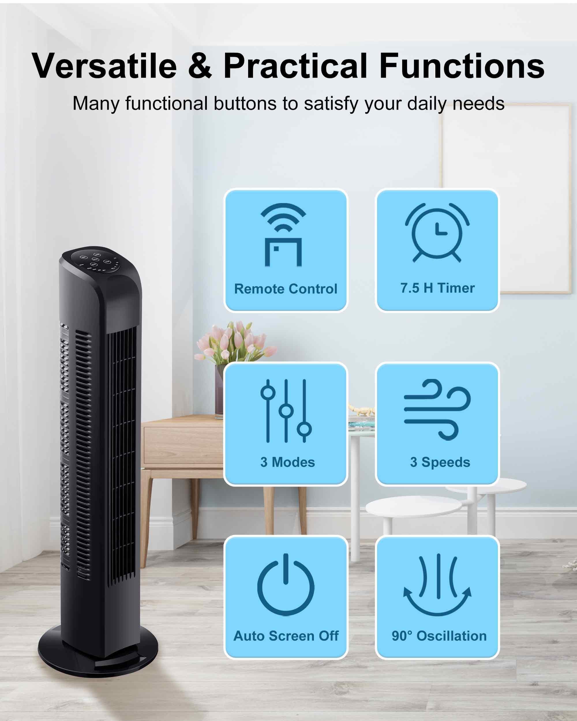 30-Inch Black Oscillating Tower Fan with Remote - Quiet Bladeless Standing Floor Fan for Bedroom, Office & Home Use | Portable Cooling Fan for Summer, Sleeping & Indoor Spaces