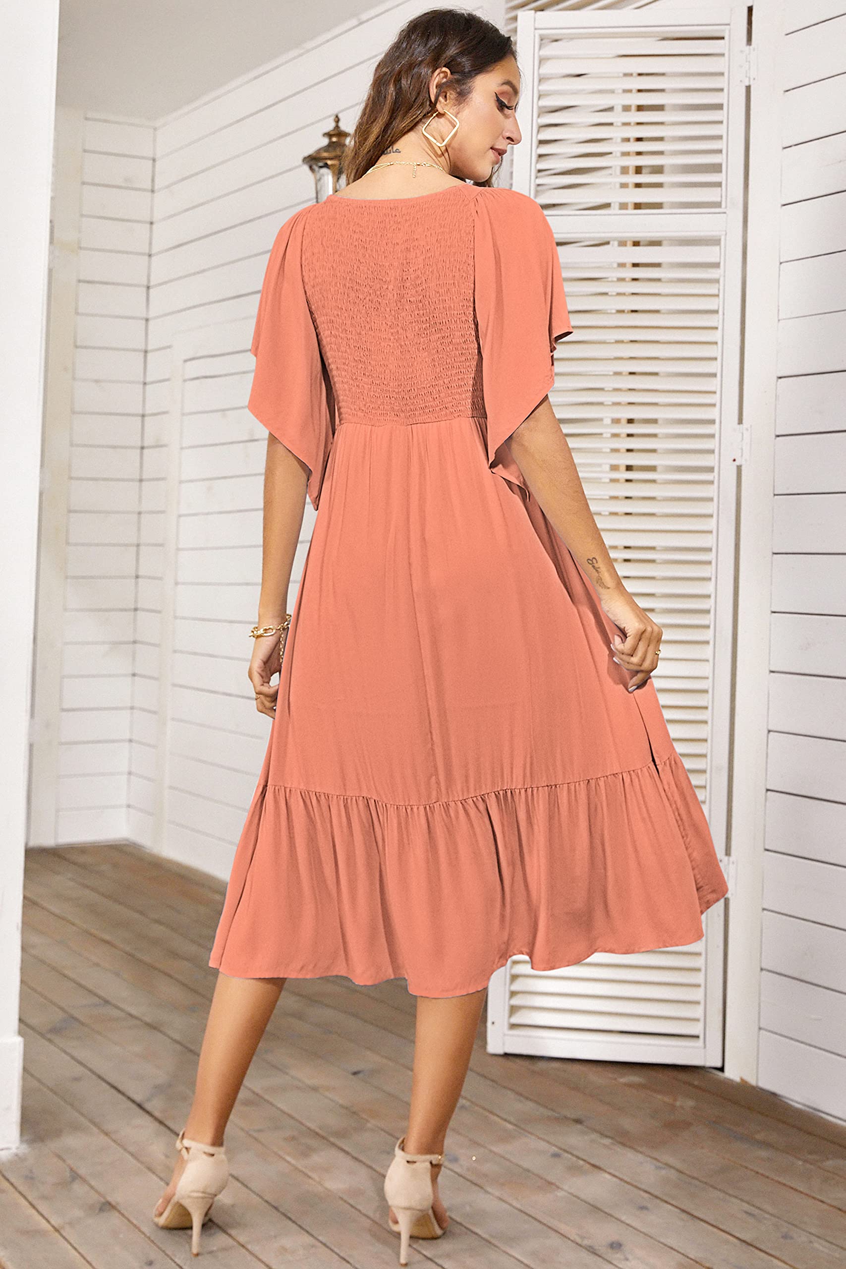 PYGFEMR Women's Summer Floral Print Empire Waist Dress - Smocked Flutter Short Sleeve V-Neck Midi Dress for Beach, Vacation & Casual Outings