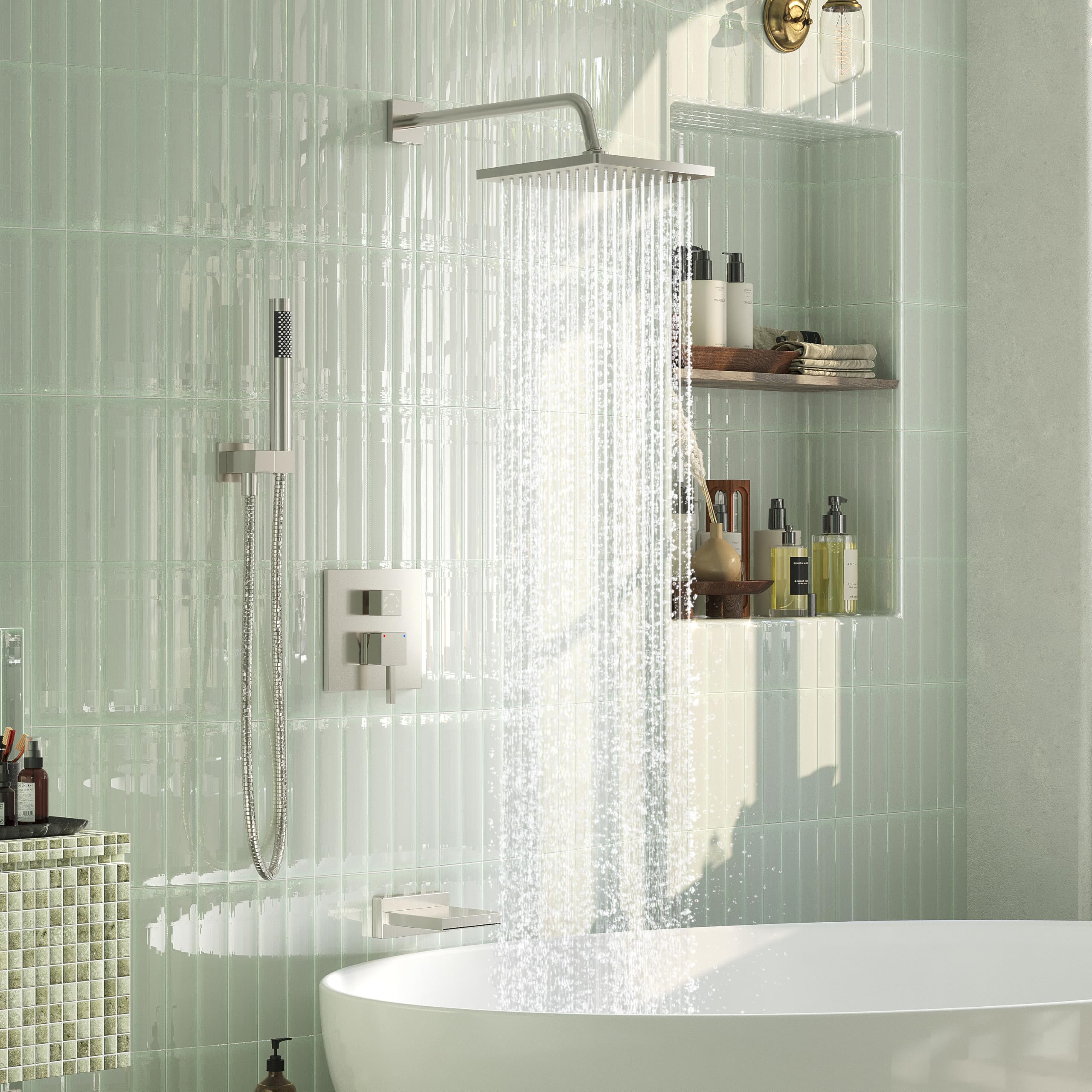 Esnbia 10 Inch Rain Shower Head and Handheld Shower Combo - Wall Mounted Bathtub Shower Faucet System with Tub Spout - High Pressure Shower Kit with Durable Brushed Nickel Finish - Perfect for Modern Bathrooms and Spa-Like Shower Experience