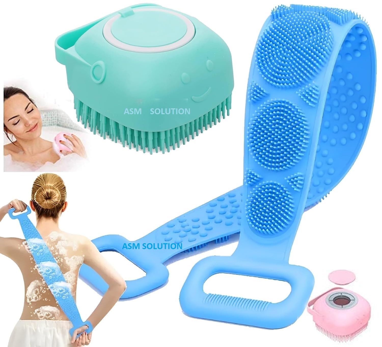 2-in-1 Silicone Body Massage Bath Brush with Soap Dispenser & Back Scrubber - Exfoliating & Deep Cleaning for Hair Scalp & Body - Perfect for Shower, Spa & Relaxation (2pcs, Multicolor)