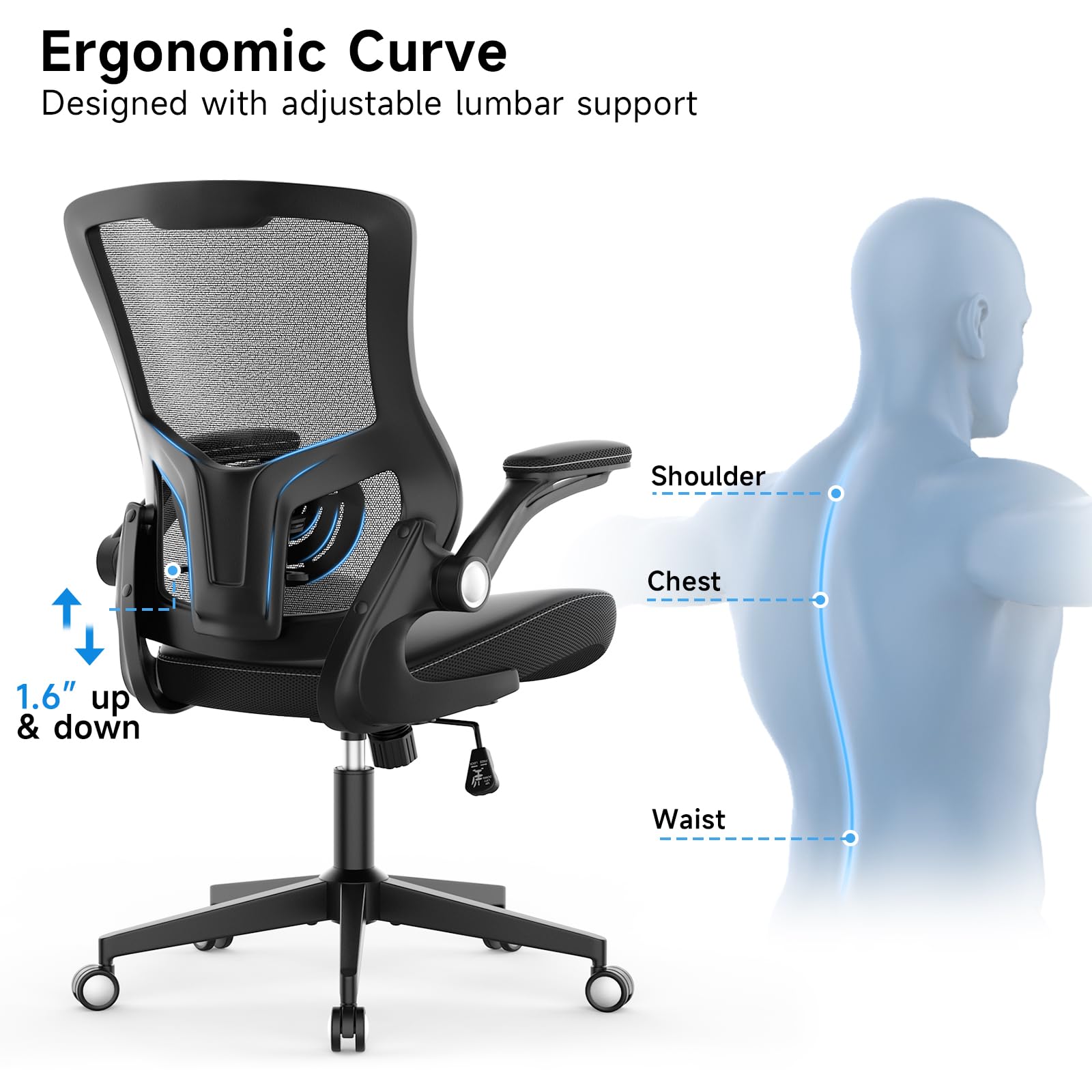Ergonomic Office Chair with Adjustable Lumbar Support & Flip-Up Armrests - Breathable Mesh Computer Desk Chair for Home Office, Executive Task Chair - Perfect for Long Work Hours, Gaming & Remote Work