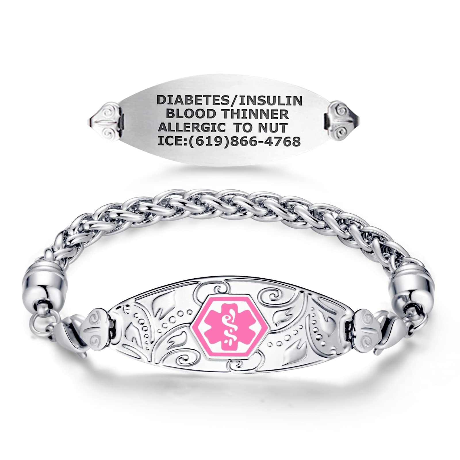 Divoti Custom Engraved Medical Alert Bracelets for Women - Stainless Steel Medical ID Bracelet with Free Engraving - Elegant Filigree Wheat Design - Adjustable Sizes & Colors - Perfect for Daily Wear, Emergency Identification & Fashion Accessory