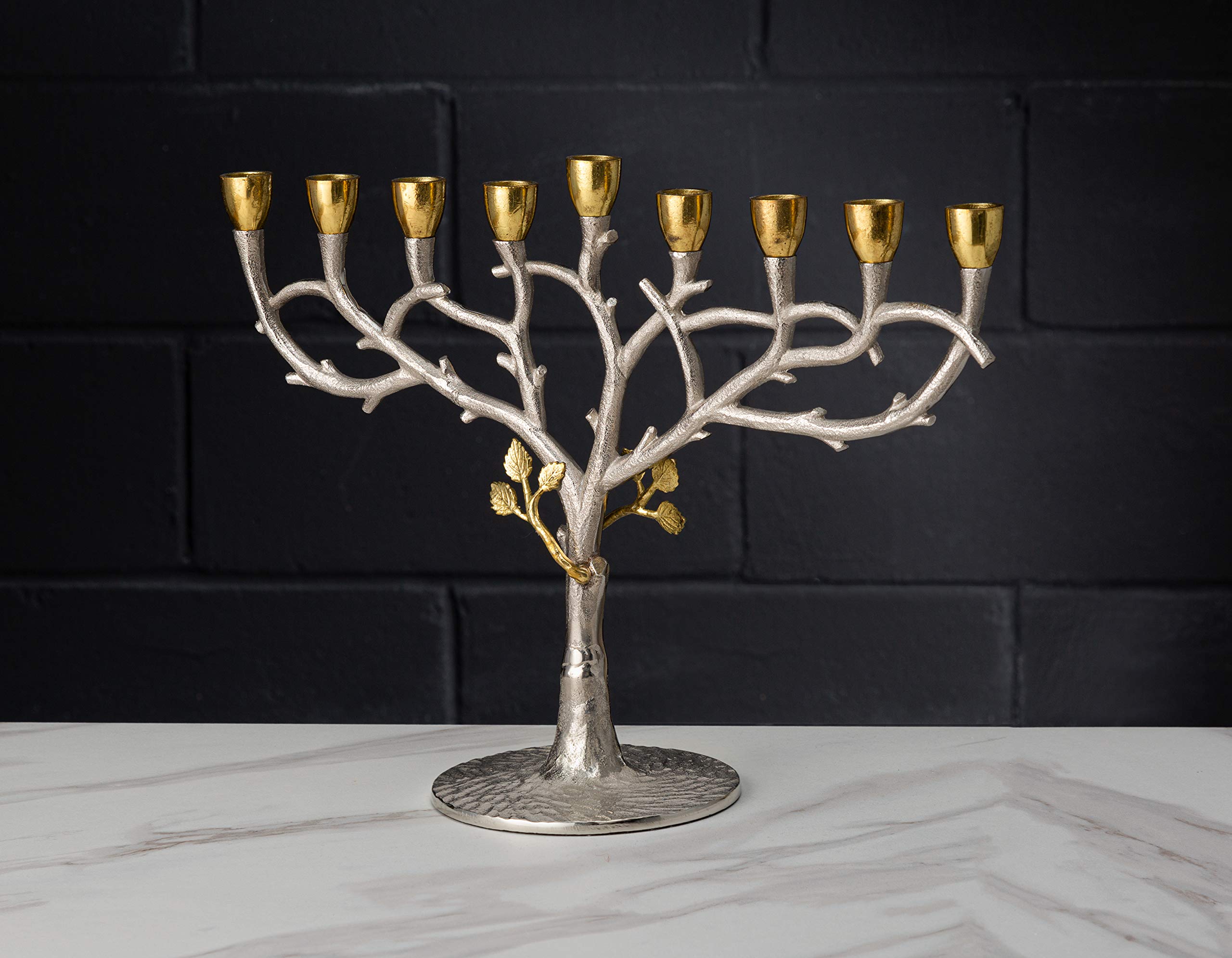 Silver and Gold Two-Tone Menorah with Elegant Leaf Design Oil Cups - Premium Hanukkah Candle Holder for Jewish Holiday Celebrations & Home Decor