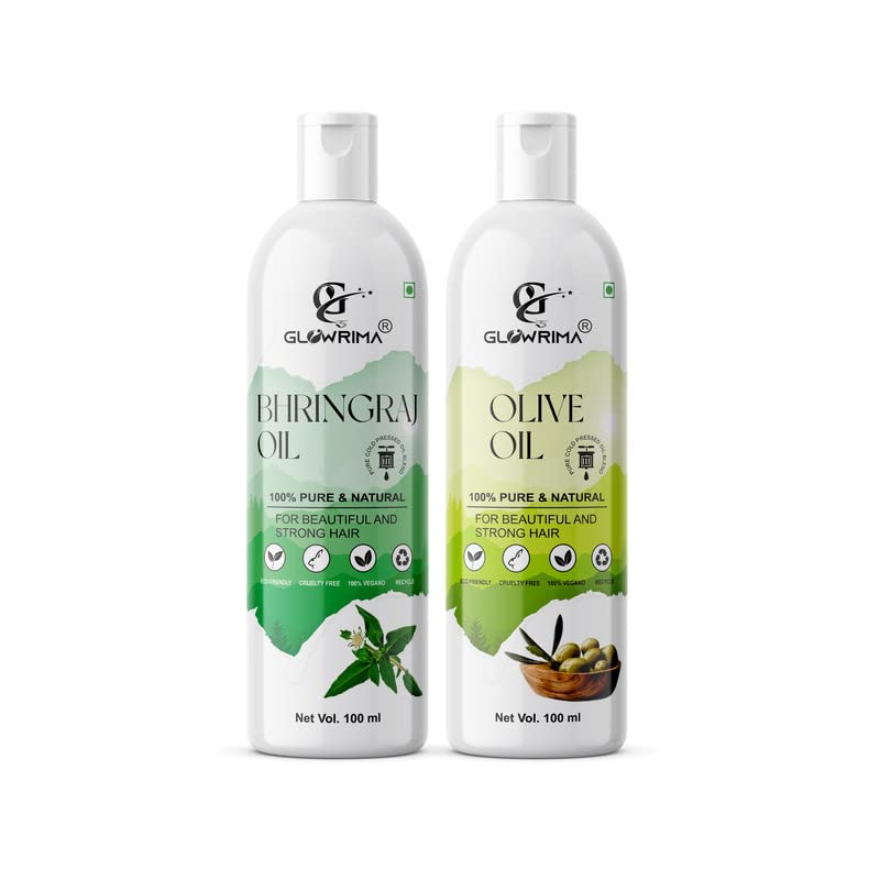 Glowrima 100% Pure Bhringraj Oil & Olive Oil Combo (100ML Each) - Promotes Rapid Hair Growth, Reduces Hair Fall, Repairs Split Ends for Softer & Shinier Hair - Perfect for Daily Hair Care & Scalp Massage (Pack of 2)