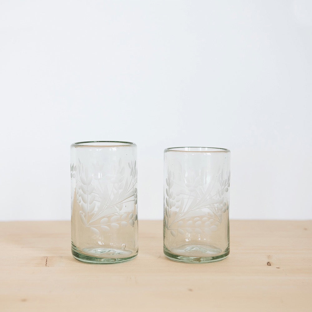 Hand Etched Floral Recycled Glassware Set - Eco-Friendly Drinking Glasses for Wine, Juice & Cocktails - Perfect for Parties, Weddings & Home Decor