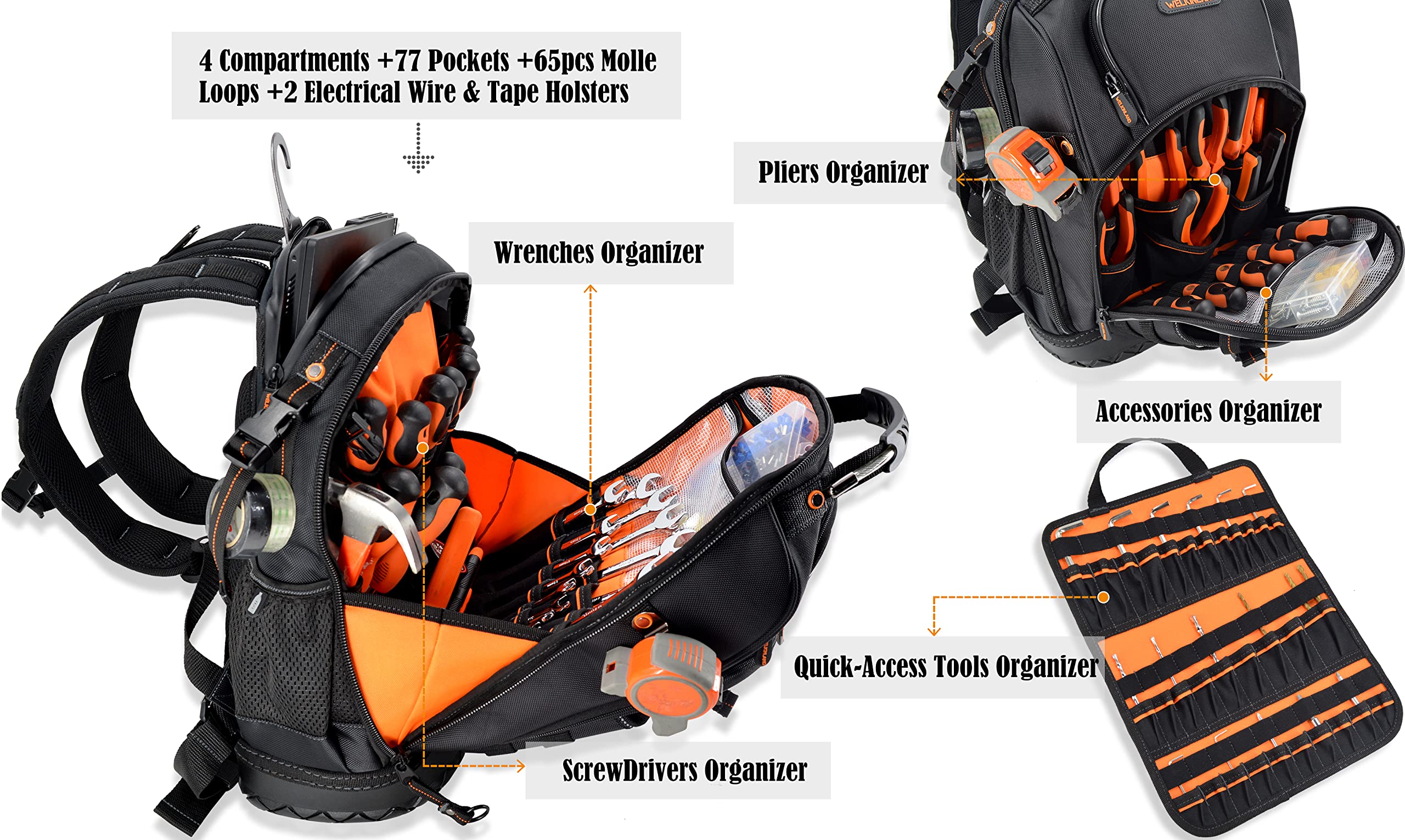 WELKINLAND 77-Pockets Heavy Duty Tool Backpack for Men - Large HVAC & Electrician Tool Bag Backpack for Construction, Repair & Maintenance - Durable Work Backpack for Professionals & DIY Enthusiasts