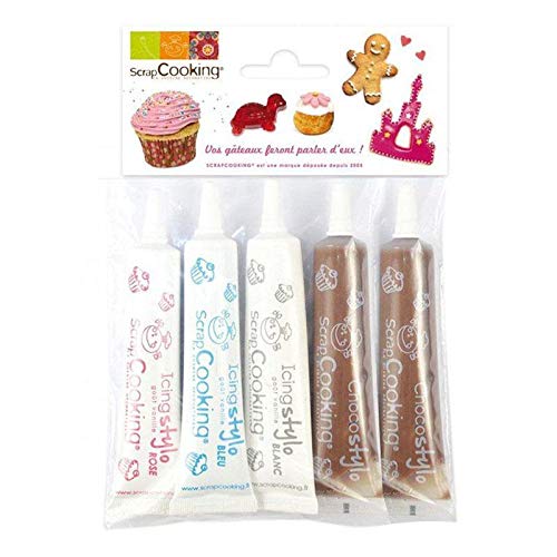 4 Color Icing Pens Set - White, Pink, Blue & Chocolate with Bonus Edible Chocolate Pen for Cake Decorating, Cookie Writing & Dessert Art