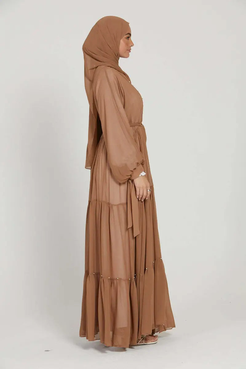 Elegant Muslim Women's Chiffon Beaded Open Abaya Dress - Modest Islamic Prayer Dress for Mosque, Eid & Special Occasions