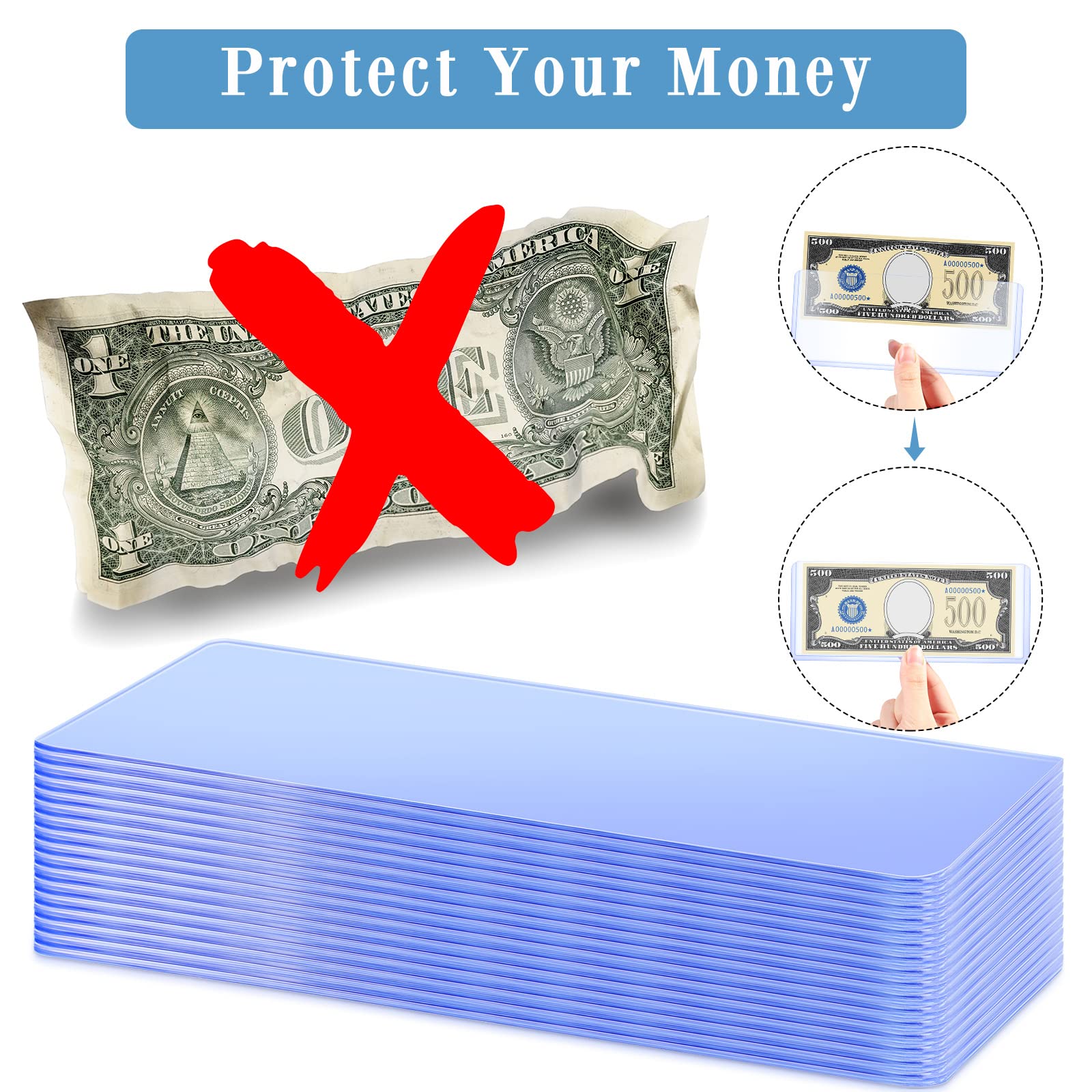 Premium PVC Transparent Bill Holders - 6.9 x 2.95 Inch Clear Currency Sleeves for Regular Bills (60 Pack) | Perfect for Cash Display, Collection Protection & Retail Money Organization
