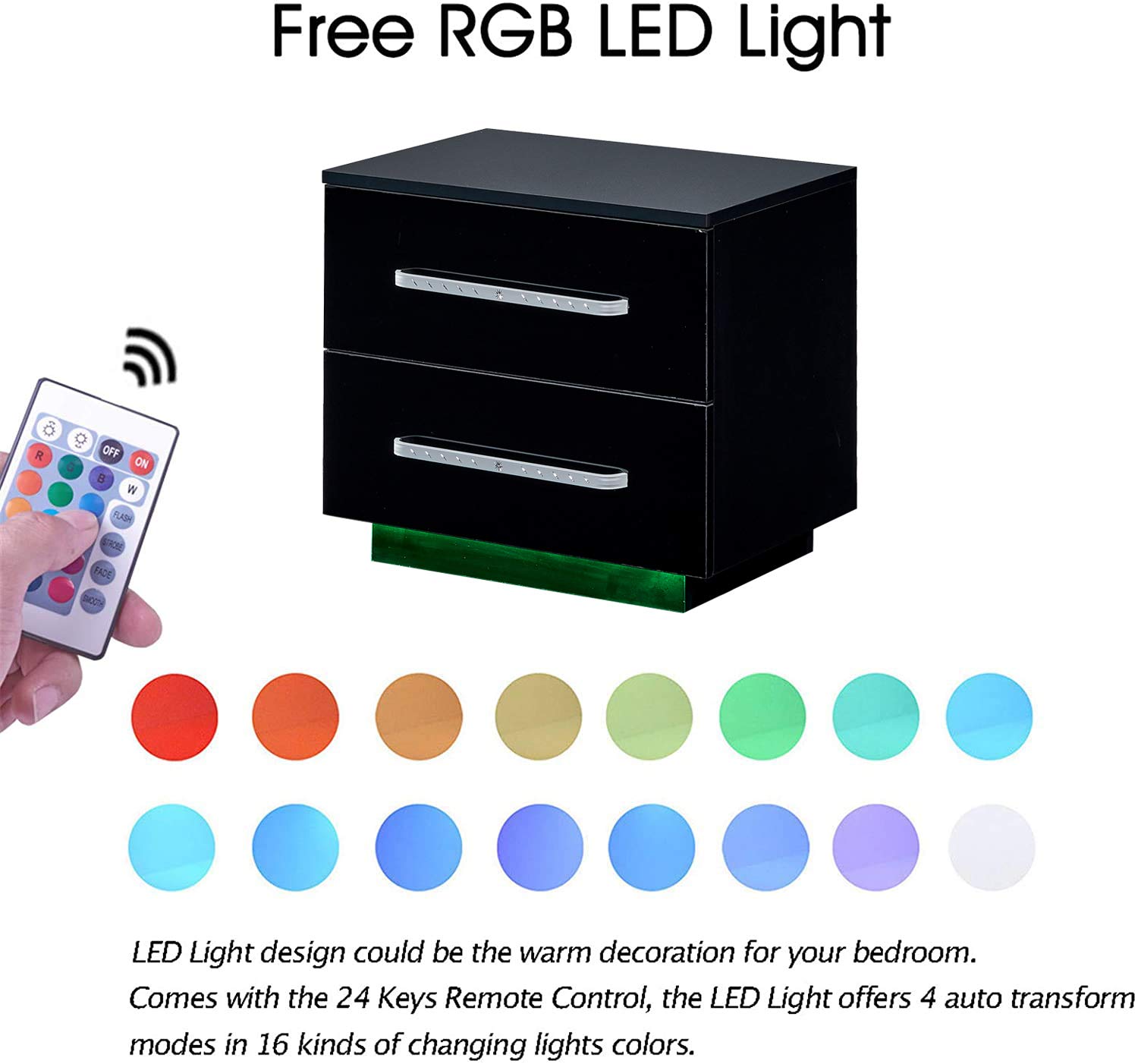 Black Glossy Nightstand with 2 Drawers & LED Lights - Bedroom & Living Room Side Table