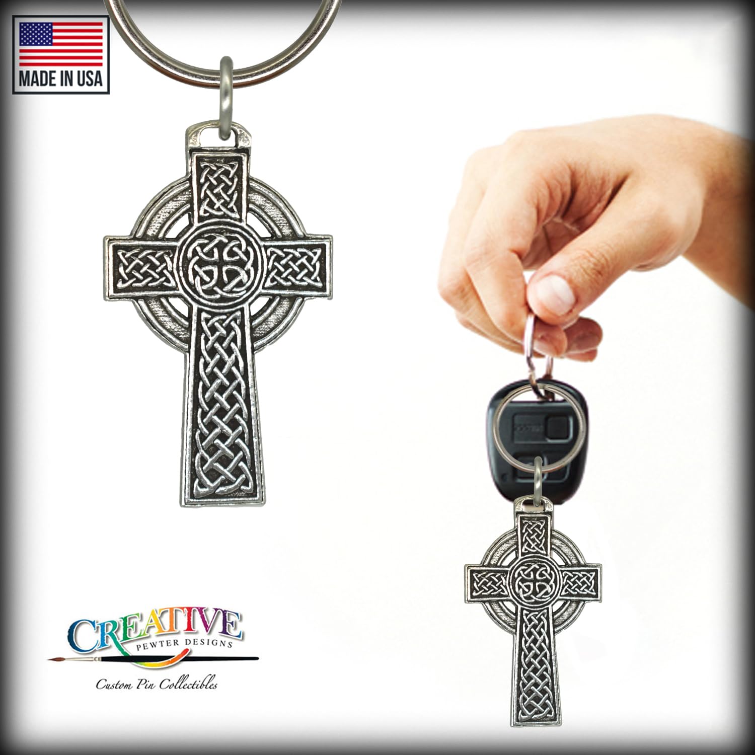 Handmade Pewter Celtic Cross Keychain with Circle - 2 1/8 Inch Christian Faith Jewelry, Irish Catholic Metal Key Chain (A1025KC) | Perfect for Gifts, Memorial Headstones & Everyday Carry
