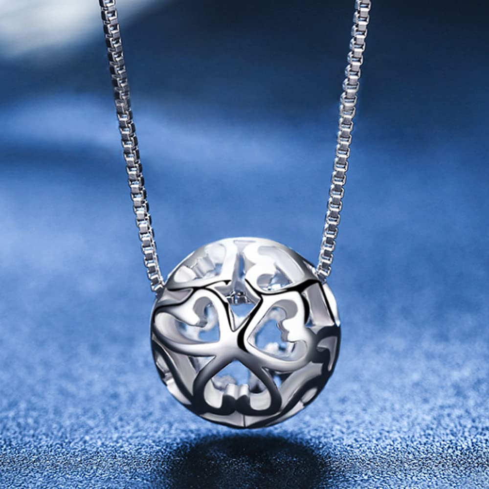 925 Sterling Silver Women's Necklace - Hollow Ball Pendant Choker with Box Chain (17