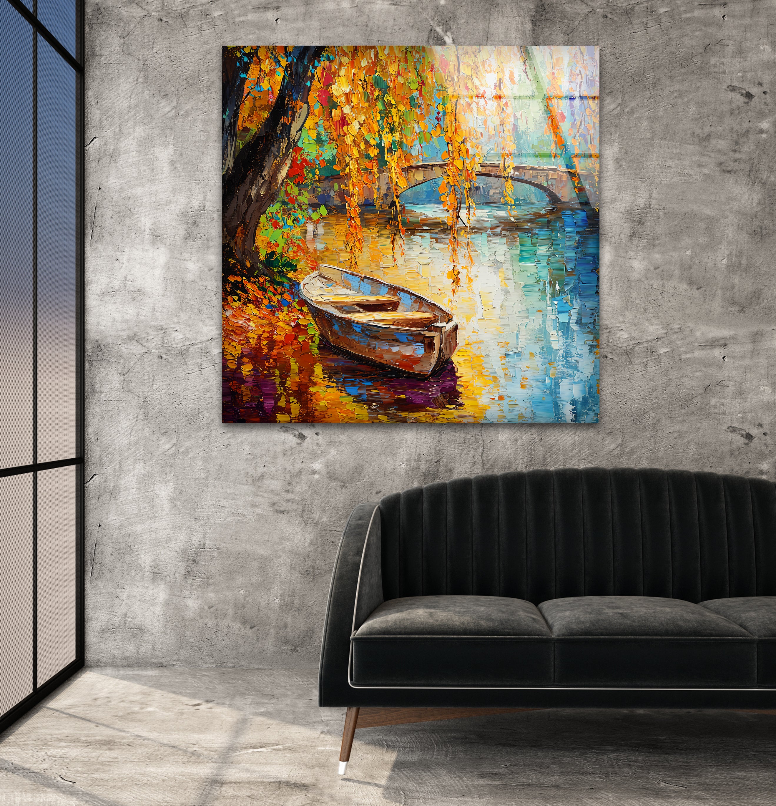 Vibrant Afremov Boat Painting - Stunning Glass Wall Art for Home & Office Decor - Perfect for Living Room, Bedroom, or Gift