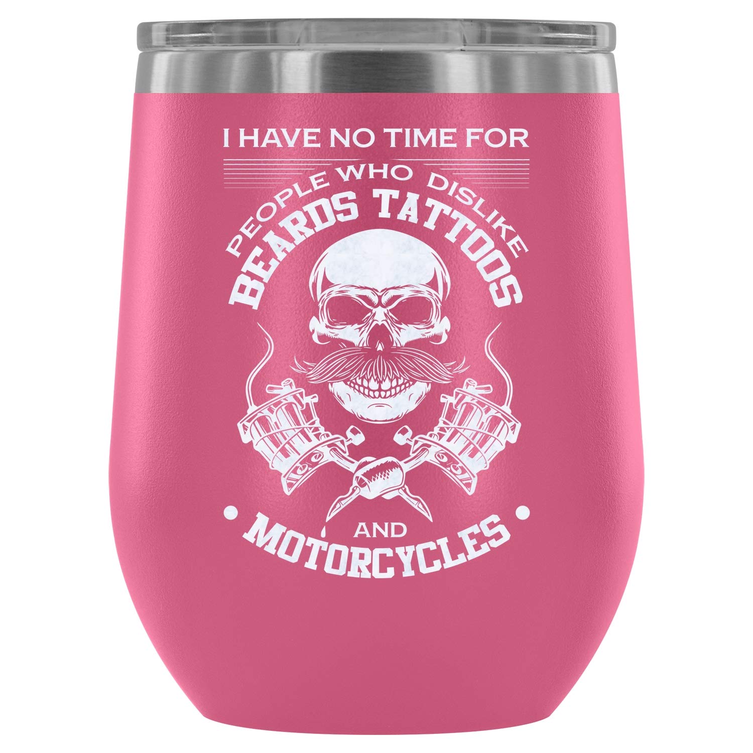 Stainless Steel Stemless Wine Tumbler 12oz - Vacuum Insulated, Motorcycle & Bread Tattoo Design - Pink Wine Glass for Outdoor Picnics, Parties & Motorcycle Rides