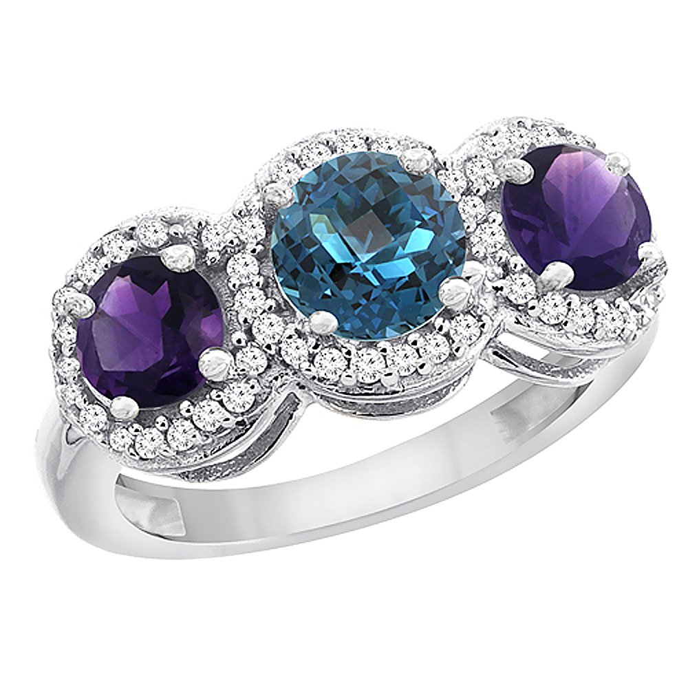 14K White Gold Natural London Blue Topaz & Amethyst Round 3-Stone Ring with Diamond Accents - Size 5-10 | Elegant Wedding Band, Anniversary Gift, Engagement Jewelry for Women