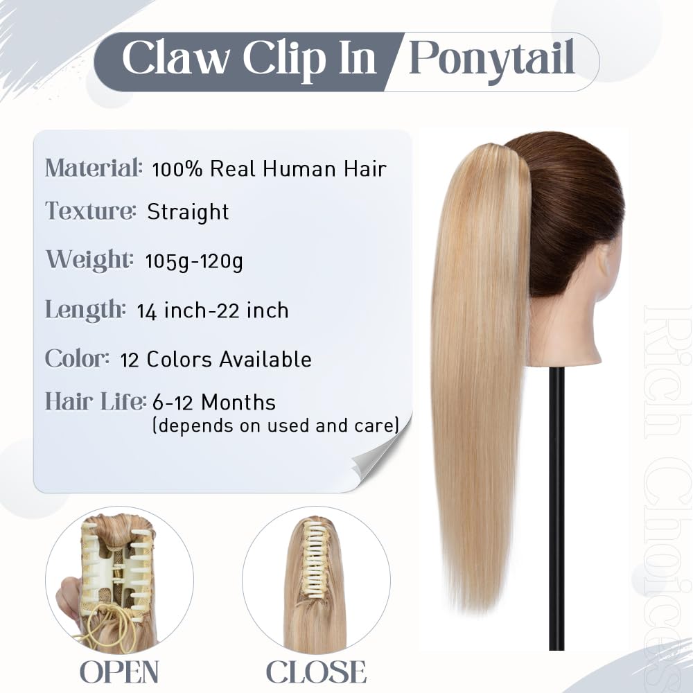 Rich Choices 20 Inch Human Hair Ponytail Extension - Clip In Remy Hair Ponytail with Balayage Highlights (Ash Blonde/Bleach Blonde, 120g) for Women - Perfect for Parties, Weddings & Everyday Styling