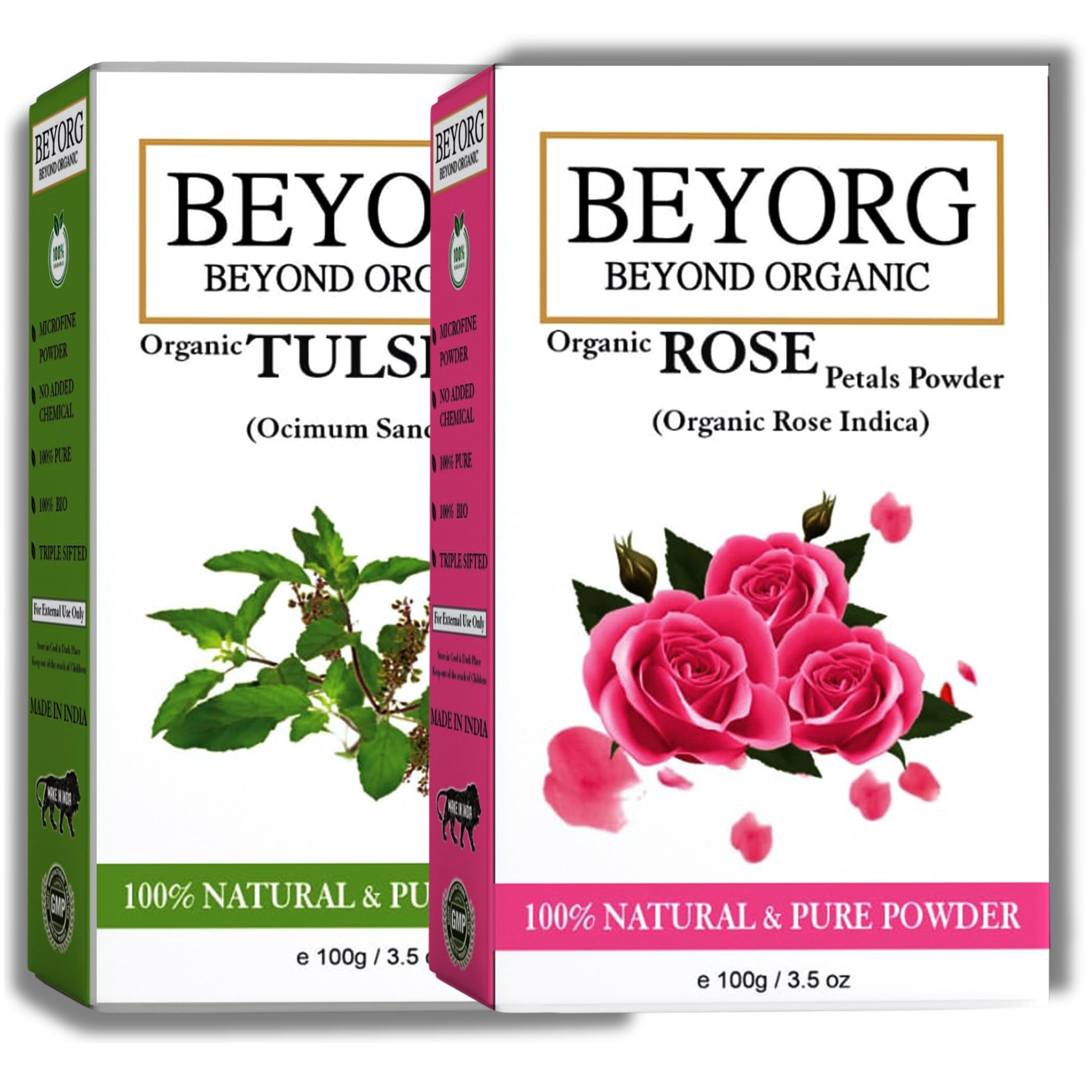 BEYORG 100% Pure Organic Tulsi Leaves Powder for Hair Growth & Rose Petal Powder for Skin Whitening - 200g | Natural Ayurvedic Beauty Treatment for Glowing Skin & Healthy Hair Care