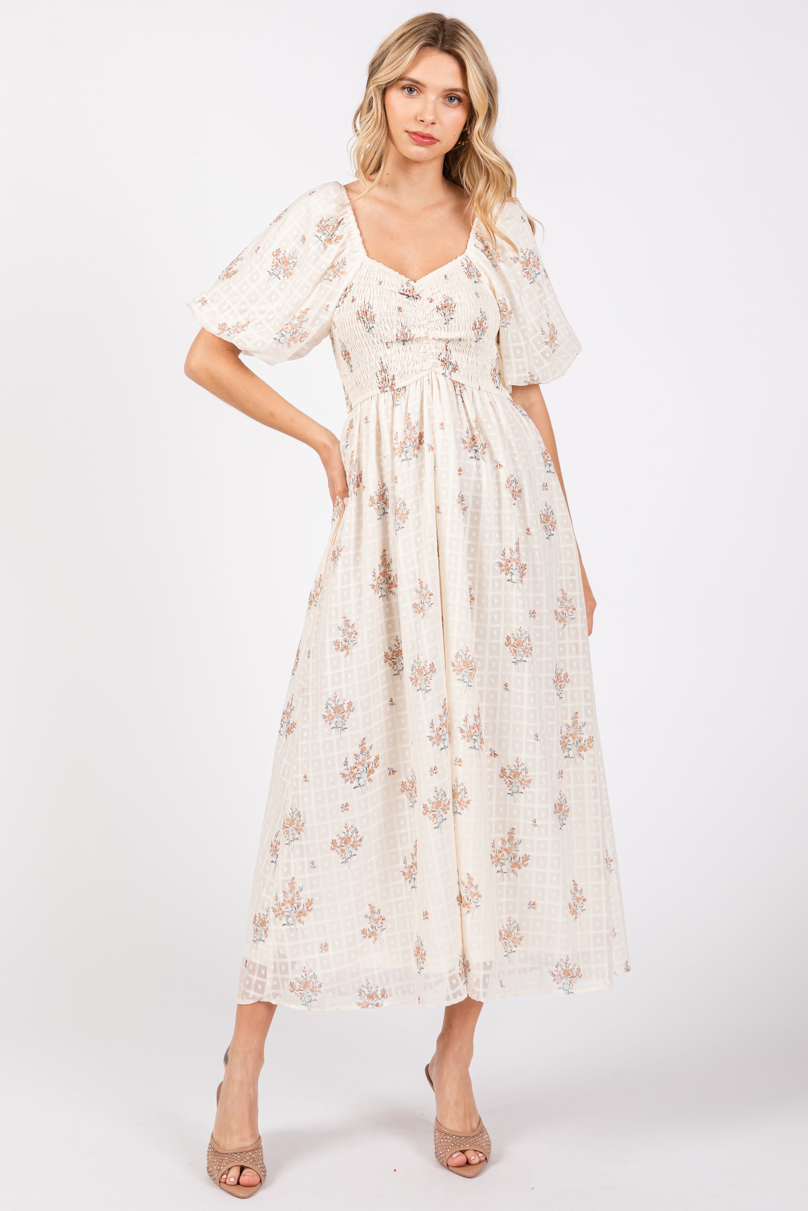 Beige Floral Textured Dot Smocked Sweetheart Neck Maternity Midi Dress for Pregnancy Photos, Baby Showers & Special Occasions