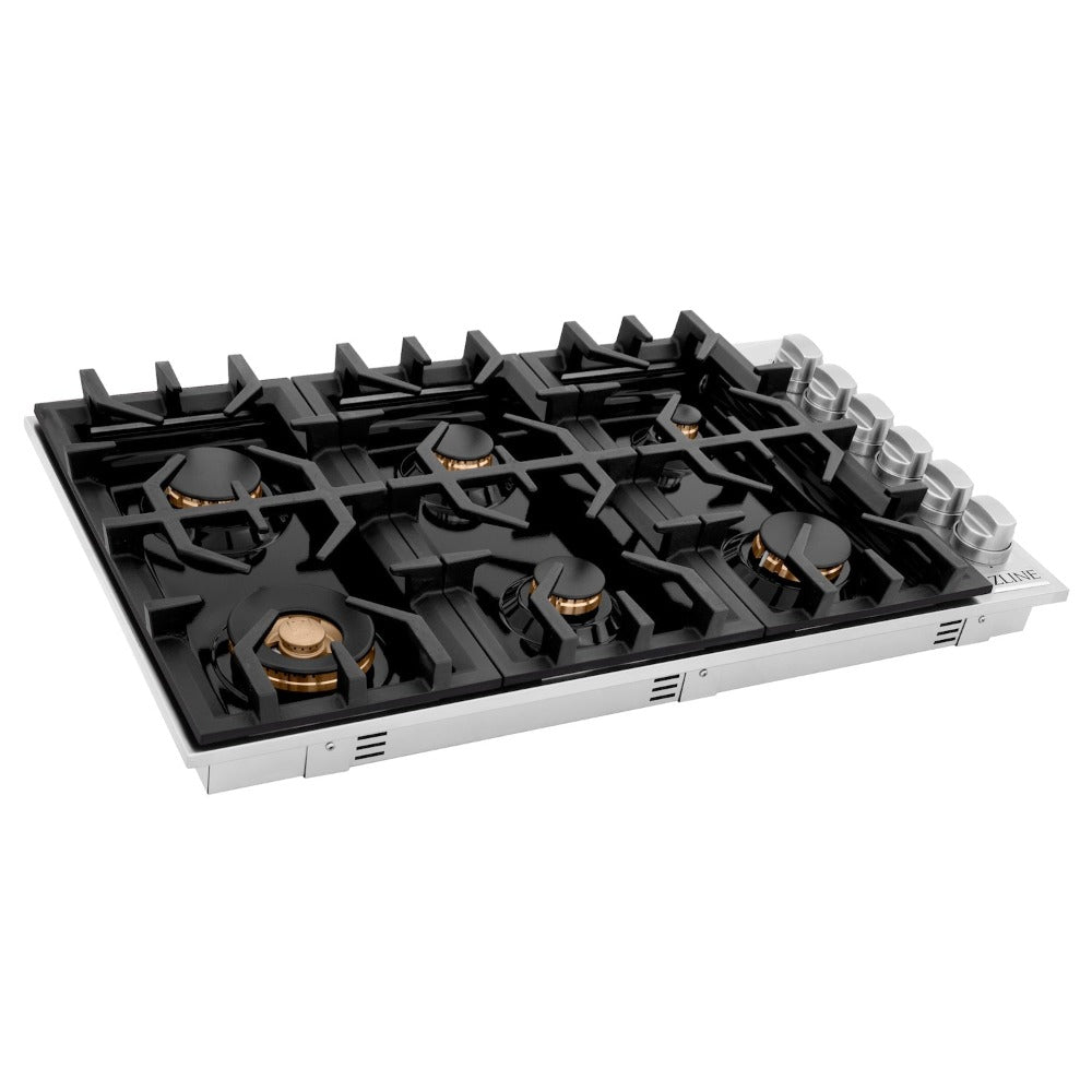 ZLINE 36 Inch Gas Cooktop with 6 Brass Burners - Black Porcelain Top (RC BR 36 PBT) - Perfect for Modern Kitchens & Professional Cooking
