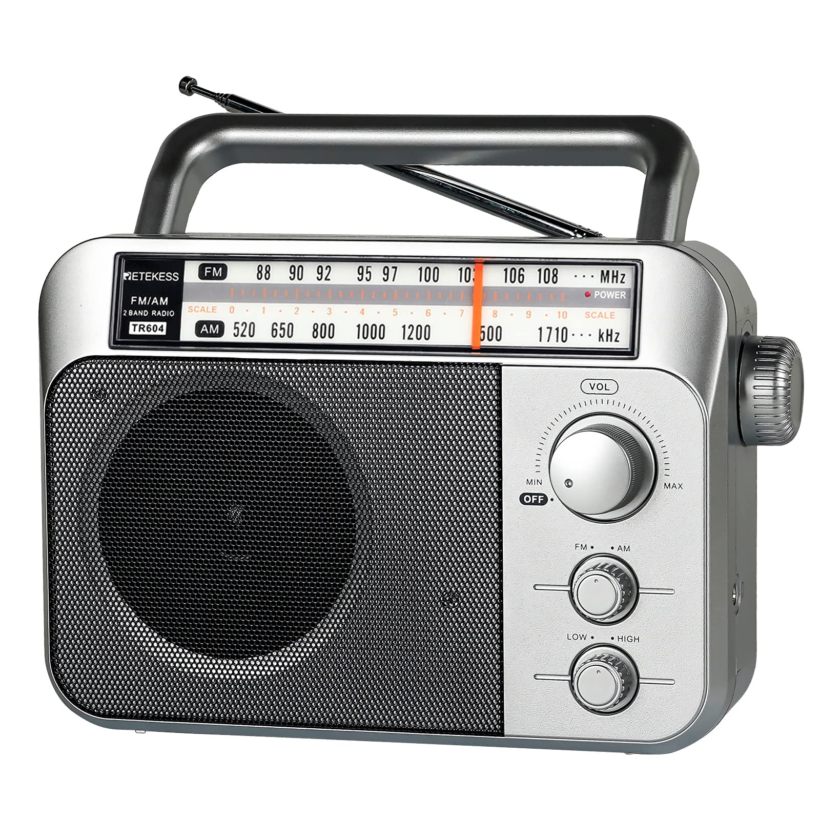 Retekess TR604 Portable FM Radio with Excellent Reception - Battery & Mains Powered AM/FM Transistor Radio with Large LCD Screen, Built-in Speaker & Headphone Jack - Perfect for Seniors, Home, Office, Travel & Emergency Use (Silver)