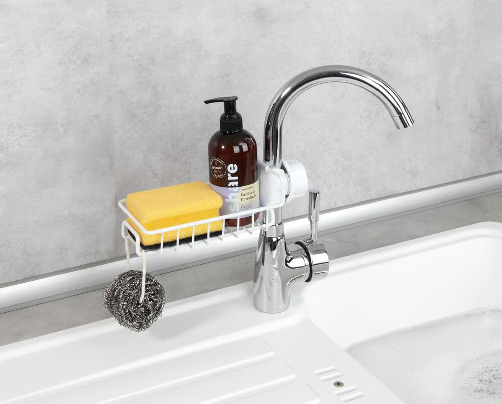 Stainless Steel Sponge Holder for Kitchen Sink - White On Tap Sponge Caddy - Perfect for Organizing Dish Sponges, Brushes & Cleaning Tools by Sink
