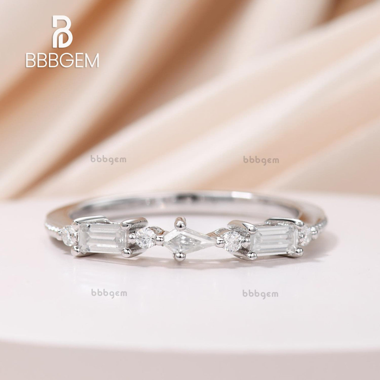 7 Stone East West Ring - Beaded Baguette & Kite Cut Moissanite Anniversary Band in Sterling Silver White Gold Plated - Perfect for Wedding, Engagement & Anniversary Gifts