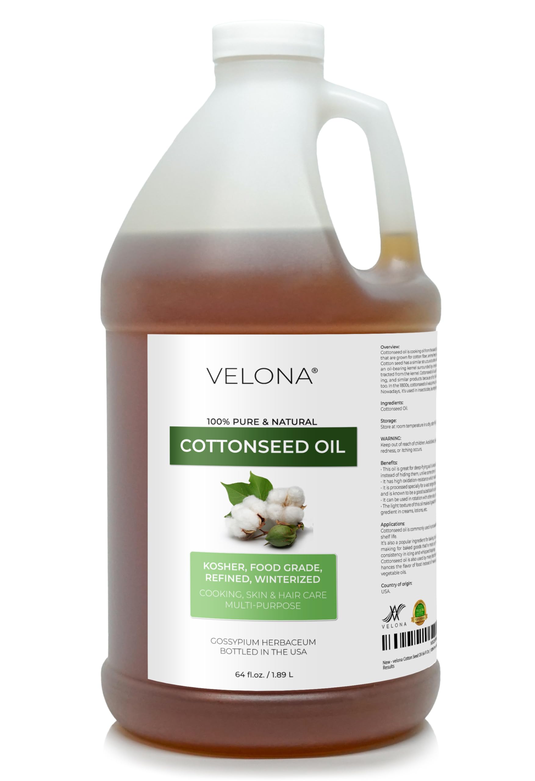 Velona 100% Pure & Natural Cotton Seed Oil 64 Fl Oz | Refined Cold-Pressed Carrier Oil for Cooking, Skin, Face, Body & Hair Care | Perfect for DIY Beauty Recipes & Healthy Cooking | Enjoy Fast Results Today