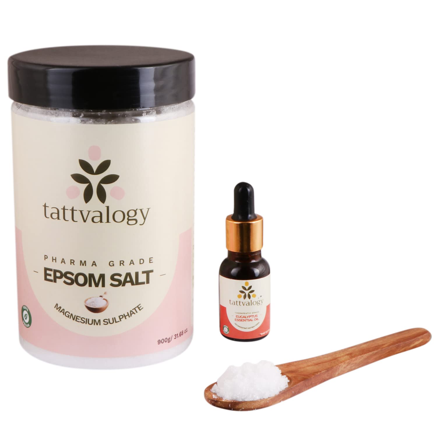 Tattvalogy Epsom Salt with Eucalyptus Essential Oil - Vitamin C & Magnesium Sulfate Enriched - Muscle Relief, Foot Soak & Bath Salt for Home Spa - Relaxing Body Care Combo Pack (3-15ml) - Perfect for Post-Workout Recovery, Stress Relief & Luxurious Self-Care Nights