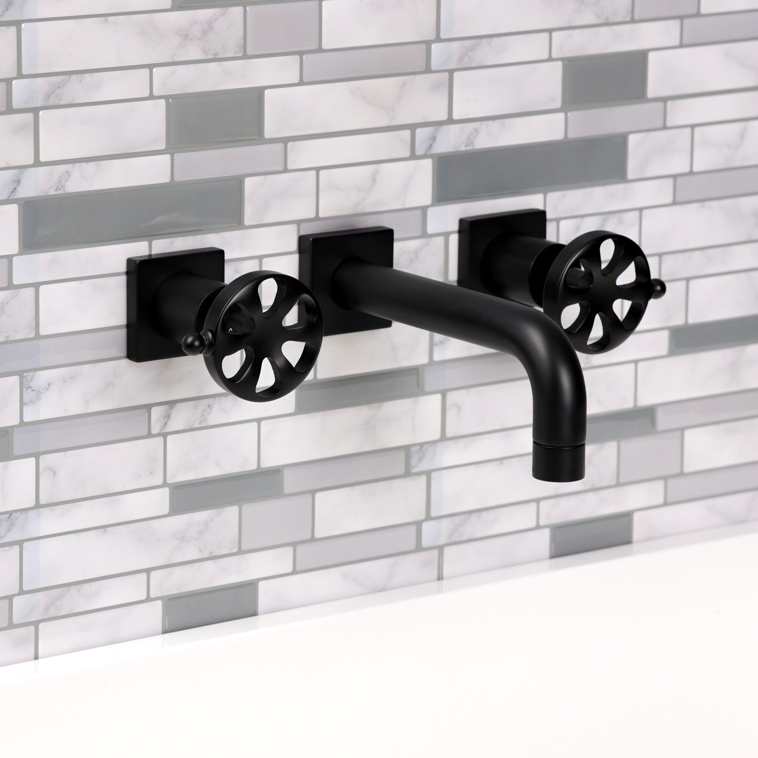 Belknap KS6120RX Matte Black Double Handle 3-Hole Wall Mount Bathroom Faucet - Perfect for Modern Bathrooms & Powder Rooms