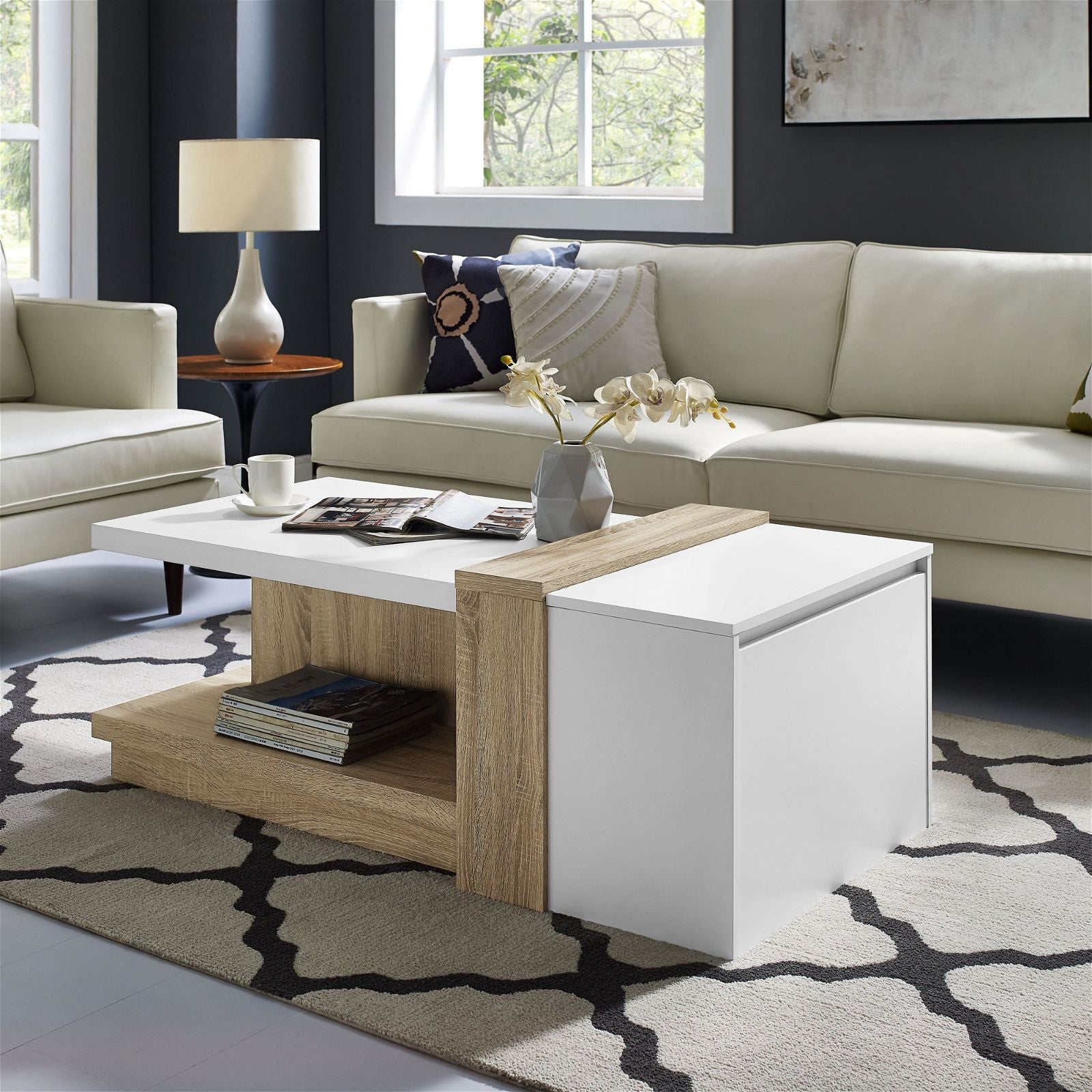 Tauris™ Modern Duet Coffee Table - Solid Oak Wood with White Finish for Living Room, Lounge & Office Decor