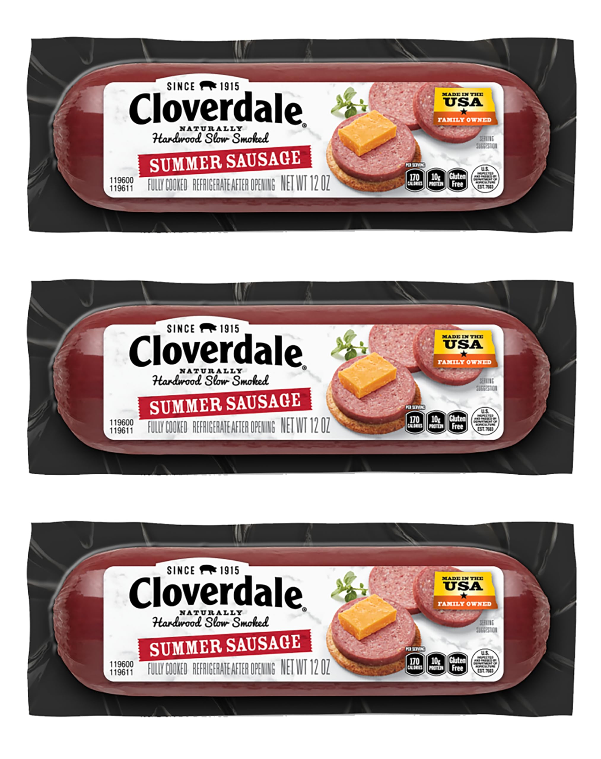 Cloverdale Cracker Size Summer Sausage 12oz - Gluten-Free, No MSG, Perfect for Charcuterie Boards, Snacking & Camping (Pack of 3)