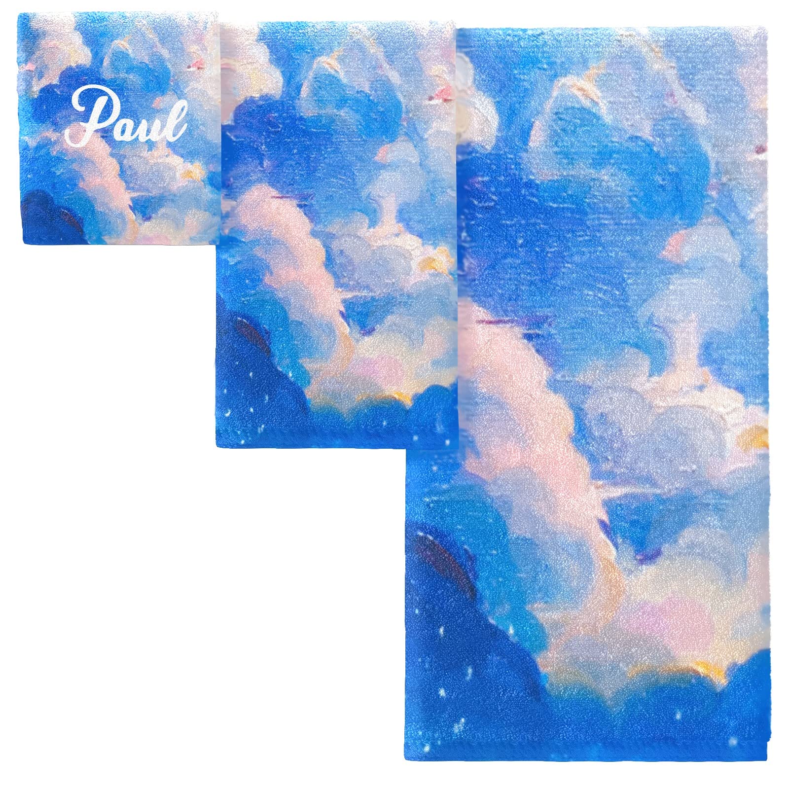 Custom Personalized Blue Sky Beach Towel Set of 3 with Name - Quick Dry Multipurpose Towels (1 Bath + 1 Hand + 1 Washcloth) for Bathroom Decor, Sun Protection & Poolside Relaxation