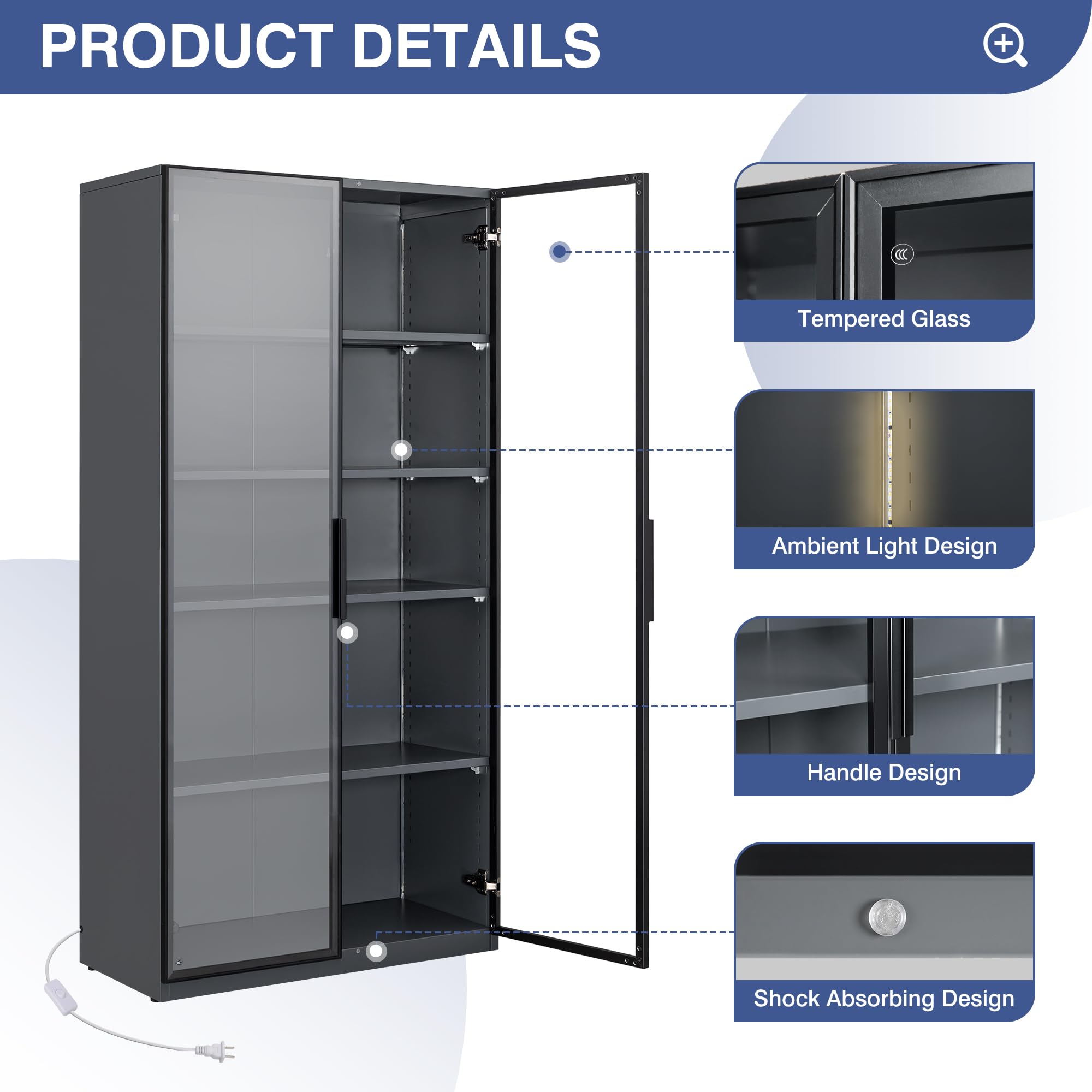 Glass Door Display Cabinet with LED Lights - 63