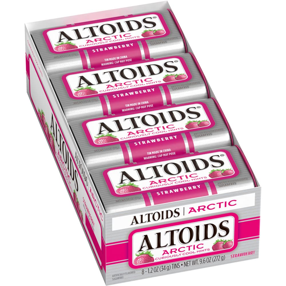 ALTOIDS Arctic Strawberry Breath Mints - Hard Candy in Bulk (1.2 oz Tin, Pack of 8) - Fresh Breath Solution for Office, Travel & After Meals