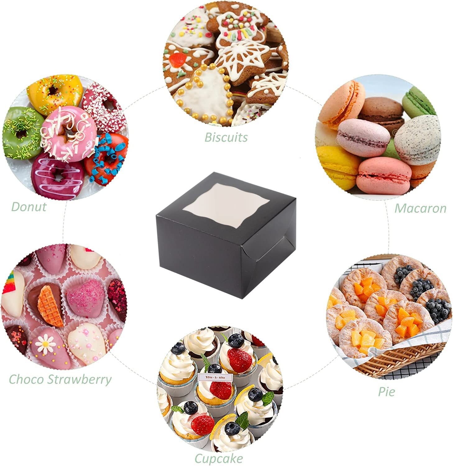 100-Pack 4x4x2.5 Inch Small Bakery Boxes with Window - Mini Cake & Pastry Boxes for Cupcakes, Donuts, Chocolate Strawberries, Desserts, Candies | Perfect for Home Baking, Party Favors, Wedding Treats & Gift Packaging (Black)