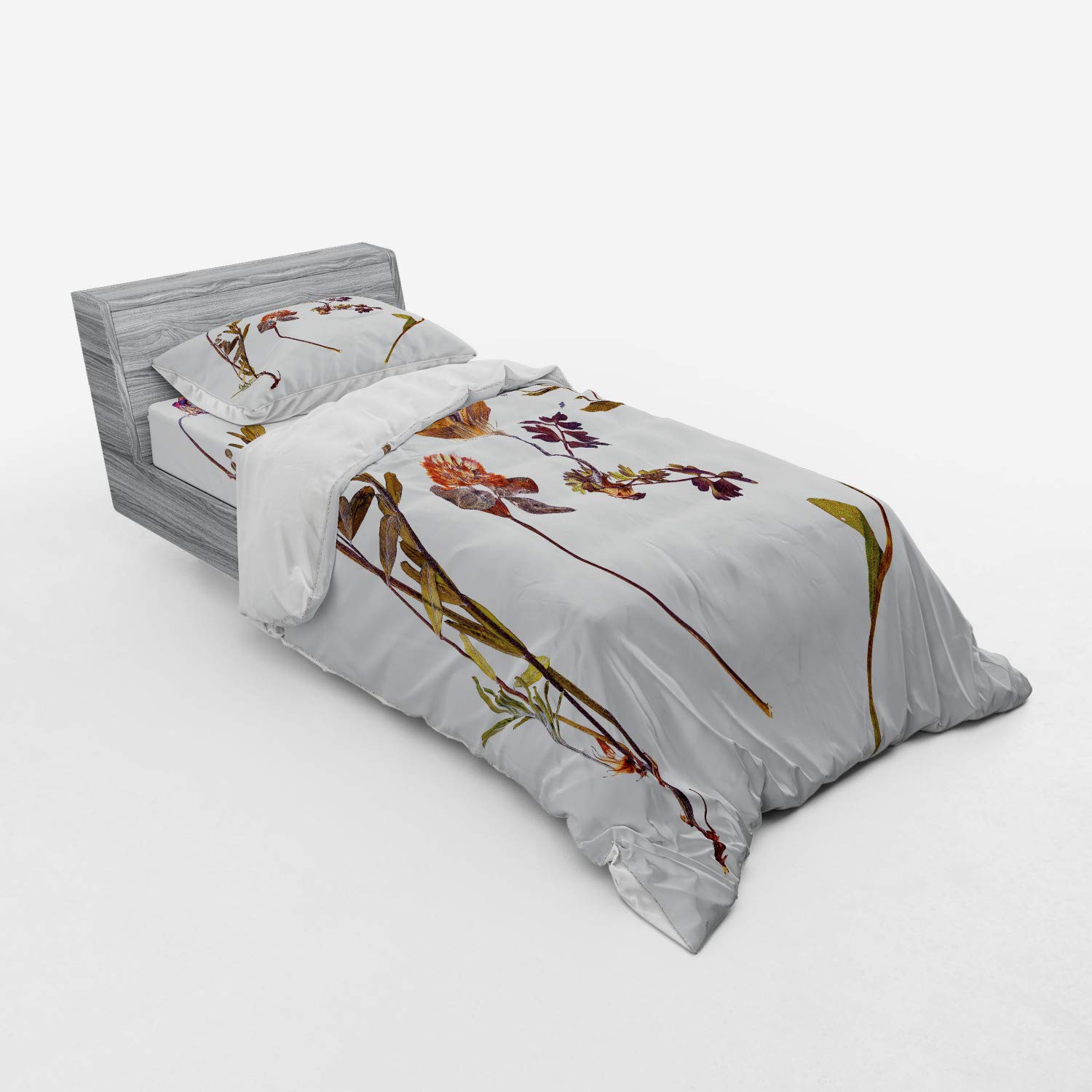 Ambesonne Floral Bedding Set - 3 Piece Duvet Cover with Sham & Fitted Sheet, Twin XL Size, Book Dried Flowers Design (Lilacs, Daisies, Tulips Leaves) - Perfect for Spring Bedroom Decor, Guest Room Makeover & Boho Chic Home Styling