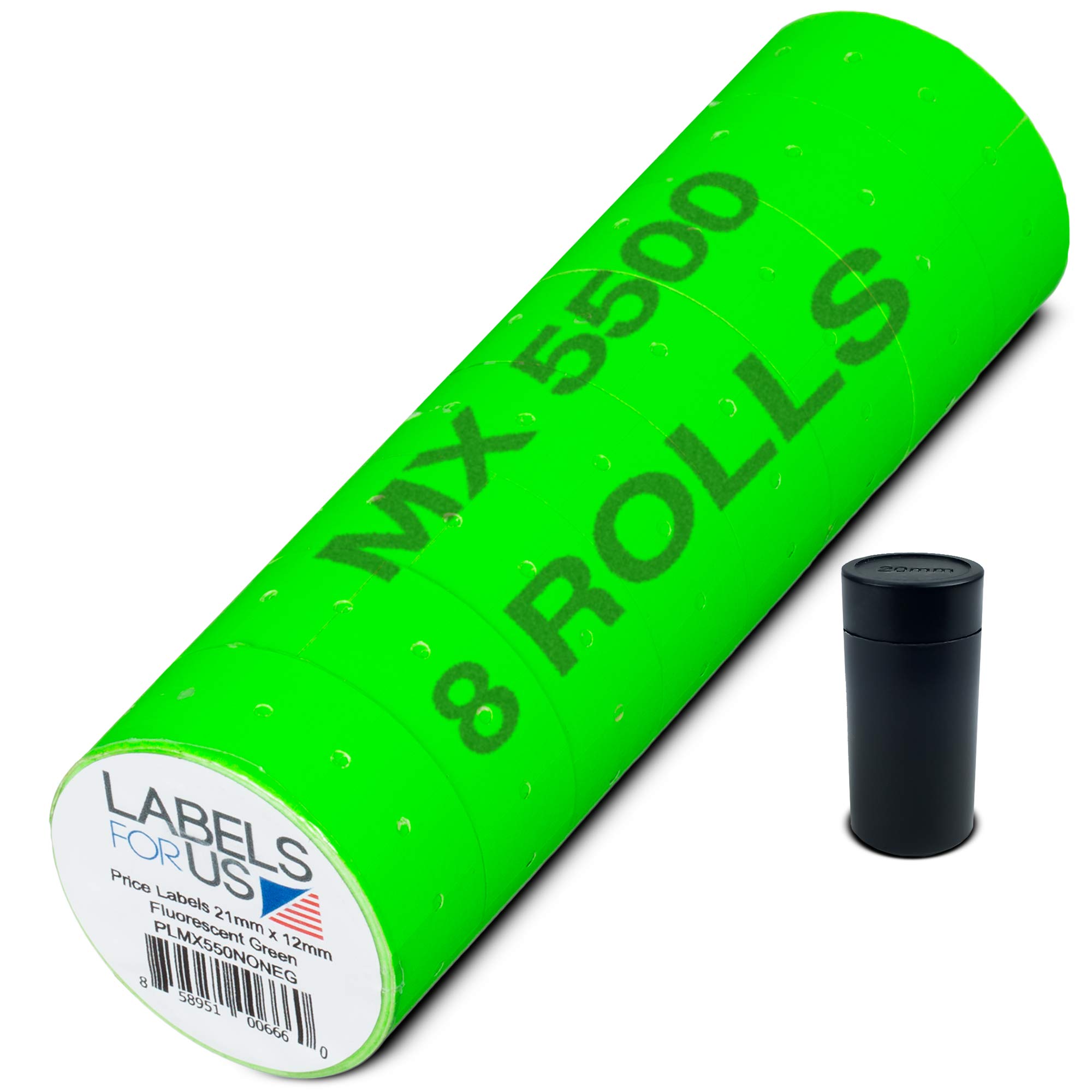 MX 5500 Labels - 8,000 Green Price Stickers - 8 Rolls with Ink Roller - Compatible with Label Makers - Perfect for Retail Pricing, Shipping & Inventory Organization
