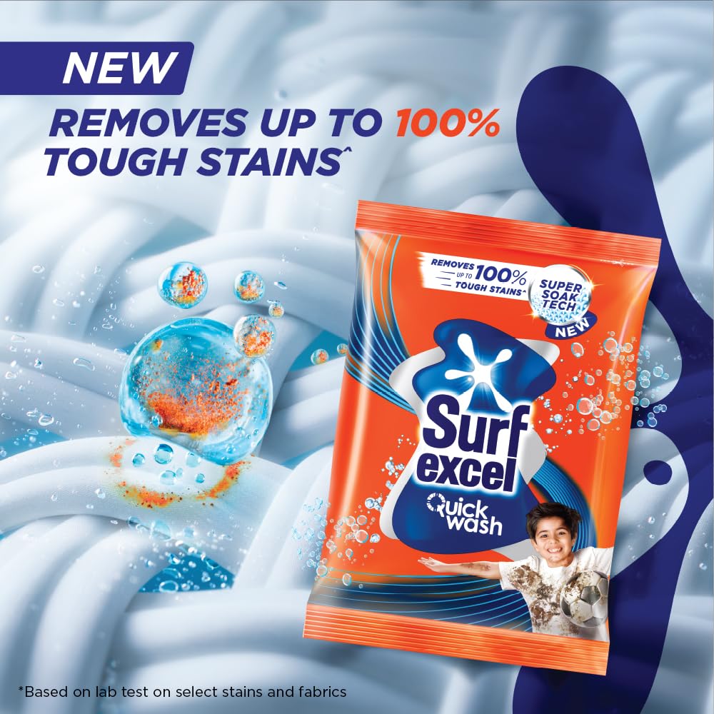 Surf Excel Quick Wash Detergent Powder 1 kg - Lemon & Bleach Formula for Tough Stain Removal | Works in Bucket & Washing Machine | Ideal for Laundry, Baby Clothes & Sports Wear