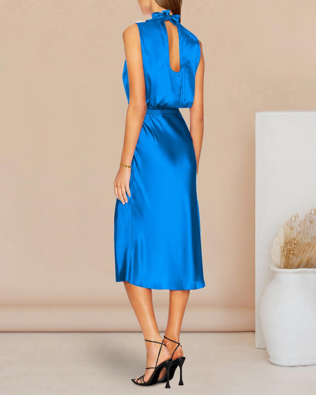 PRETTYGARDEN Women's Summer Formal Satin Dress - Mock Neck Sleeveless Midi Dress with Elastic Waist & Side Slit for Wedding Guest, Cocktail Party, Office & Special Occasions 2024